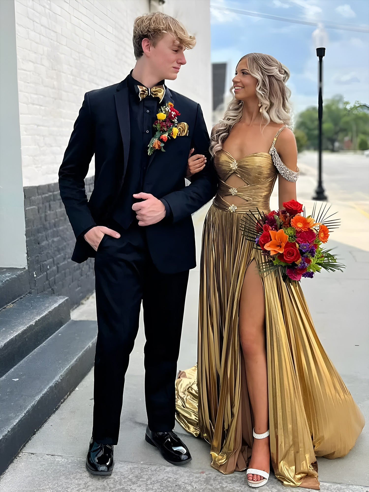 Off the Shoulder Gold A-Line Metallic Pleated Long Formal Gown