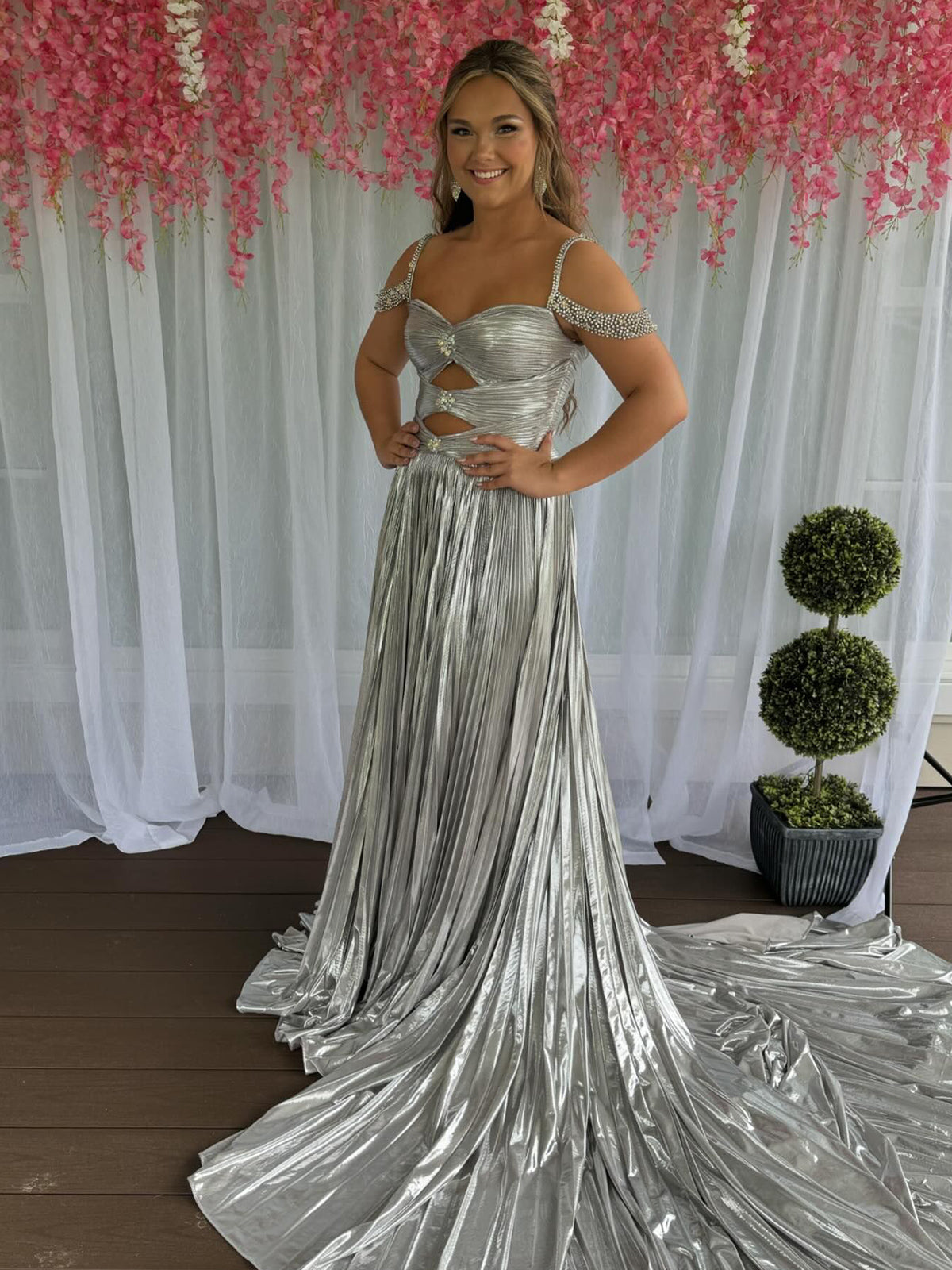 Off the Shoulder Gold A-Line Metallic Pleated Long Formal Gown