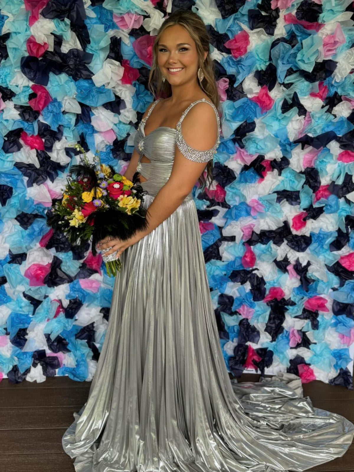 Off the Shoulder Gold A-Line Metallic Pleated Long Formal Gown