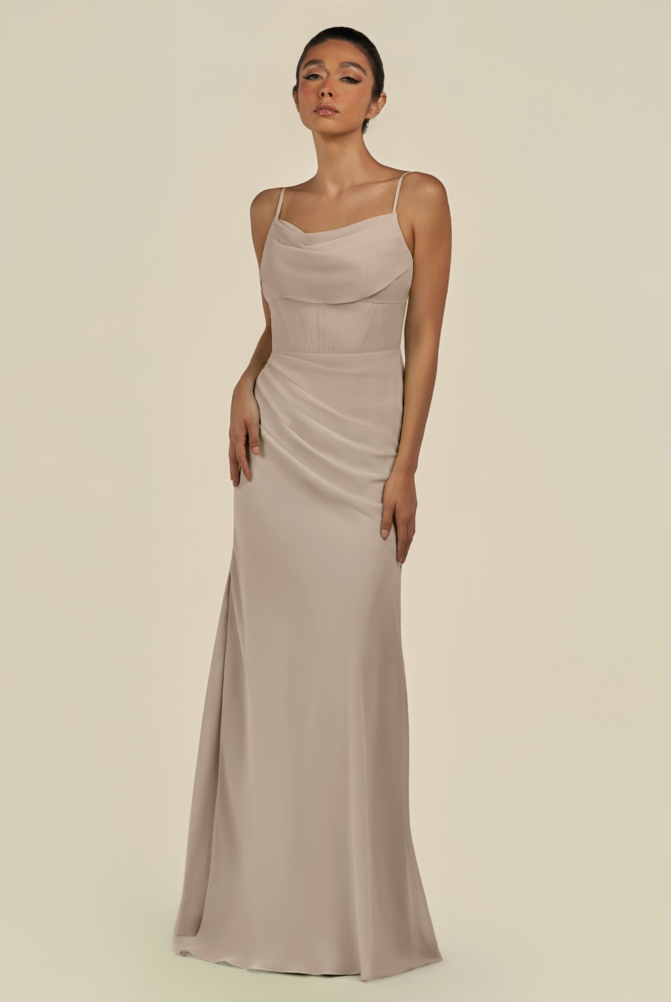 KissDress-Lumira Almond Sheath Spaghetti Straps Chiffon Ruched Long Bridesmaid Dress