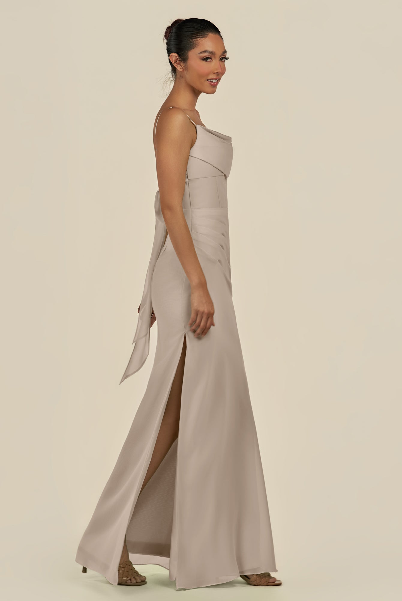 KissDress-Lumira Almond Sheath Spaghetti Straps Chiffon Ruched Long Bridesmaid Dress