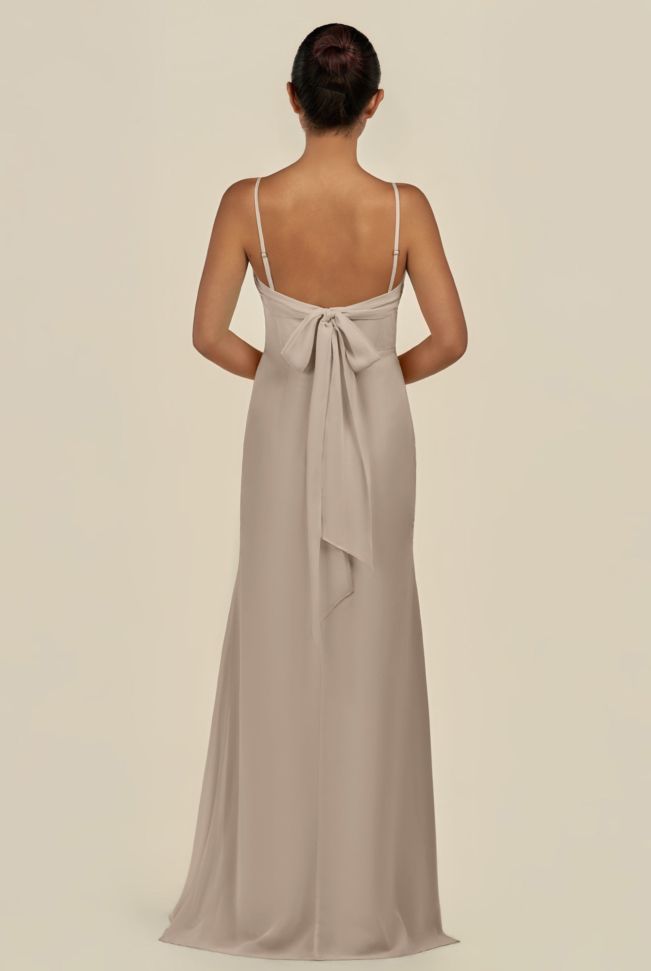 KissDress-Lumira Almond Sheath Spaghetti Straps Chiffon Ruched Long Bridesmaid Dress