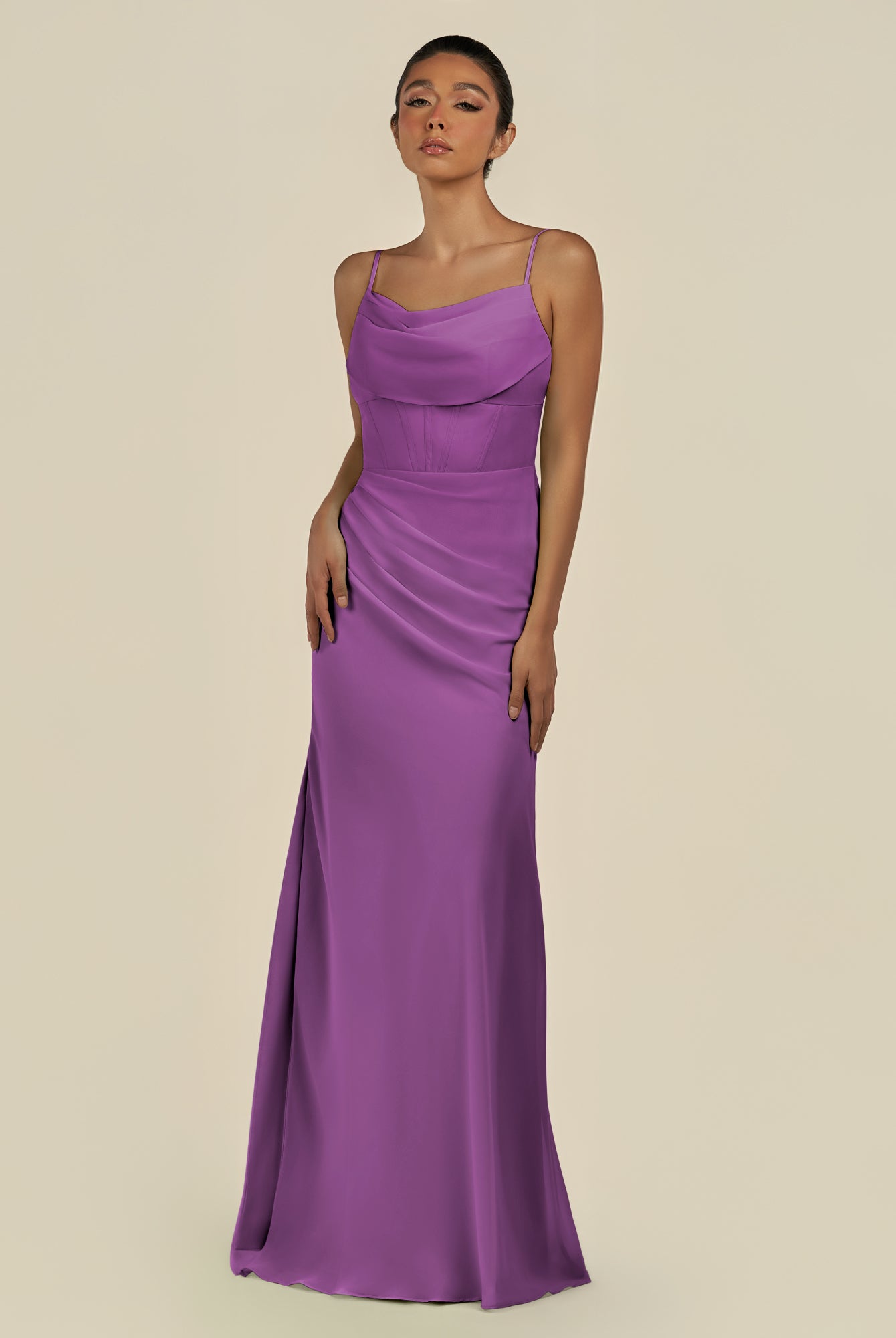 KissDress-Lumira Amethyst Sheath Spaghetti Straps Chiffon Ruched Long Bridesmaid Dress