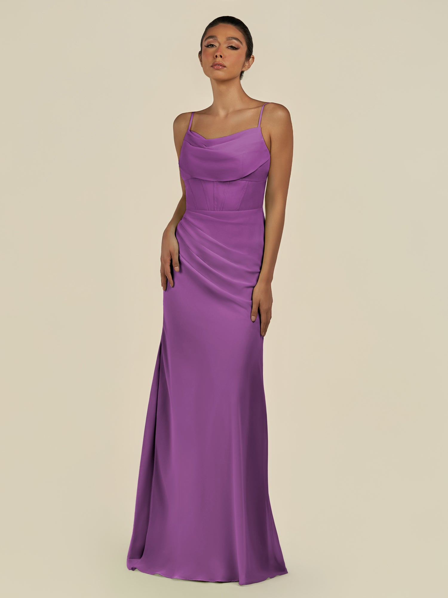 KissDress-Lumira Amethyst Sheath Spaghetti Straps Chiffon Ruched Long Bridesmaid Dress