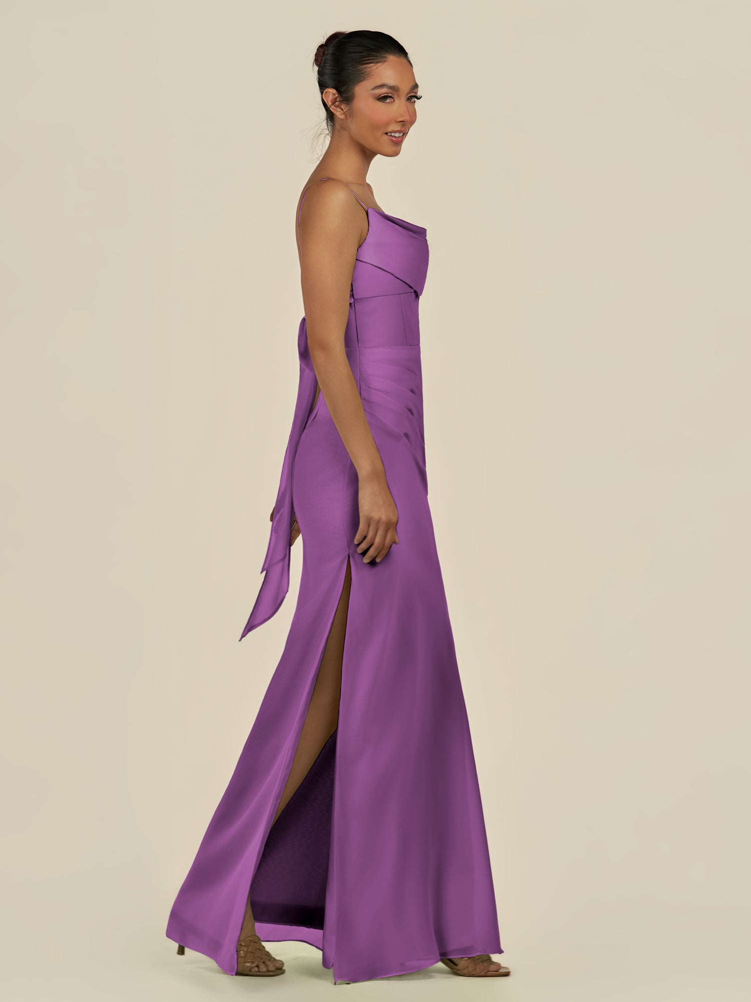 KissDress-Lumira Amethyst Sheath Spaghetti Straps Chiffon Ruched Long Bridesmaid Dress