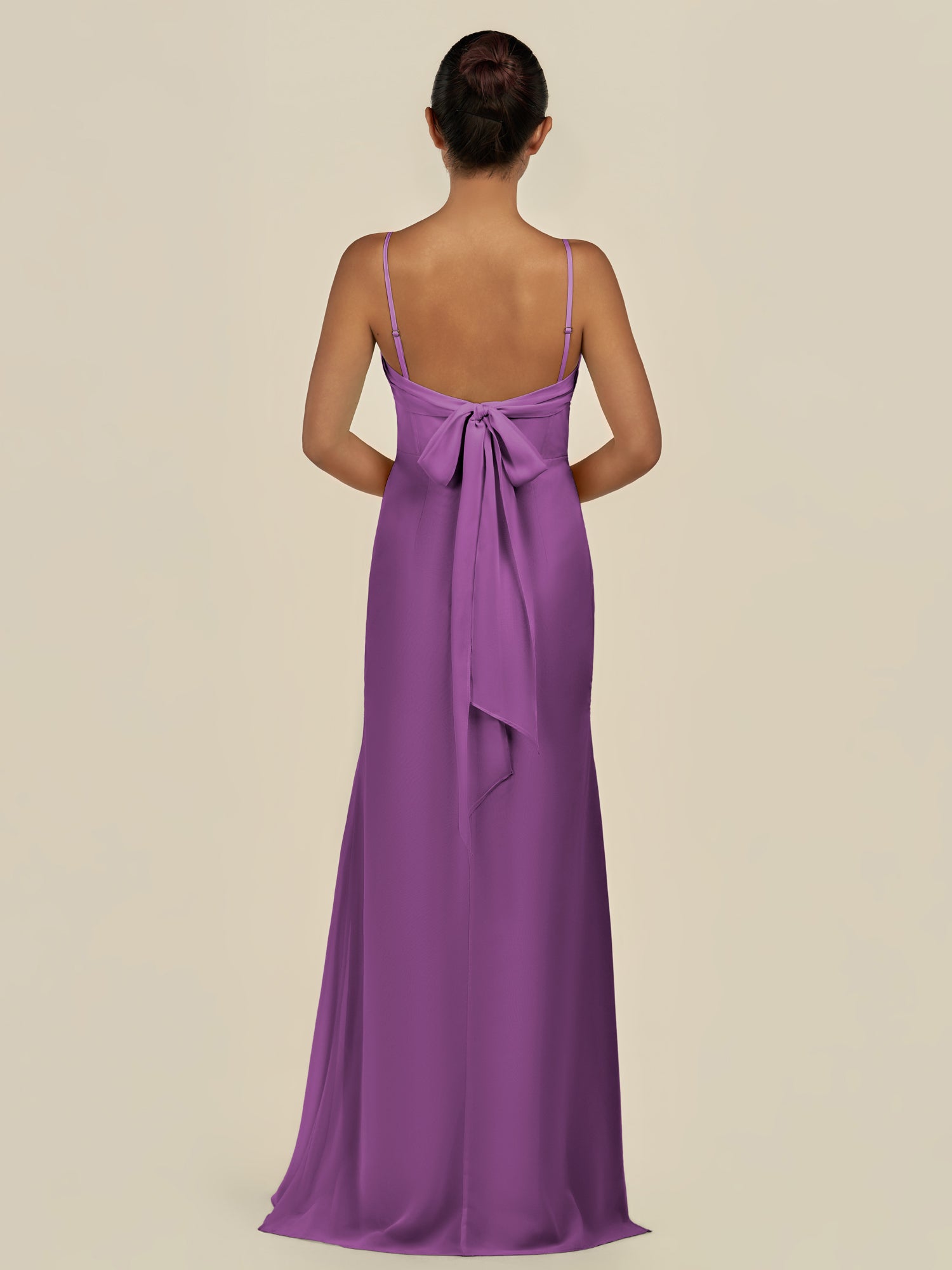 KissDress-Lumira Amethyst Sheath Spaghetti Straps Chiffon Ruched Long Bridesmaid Dress