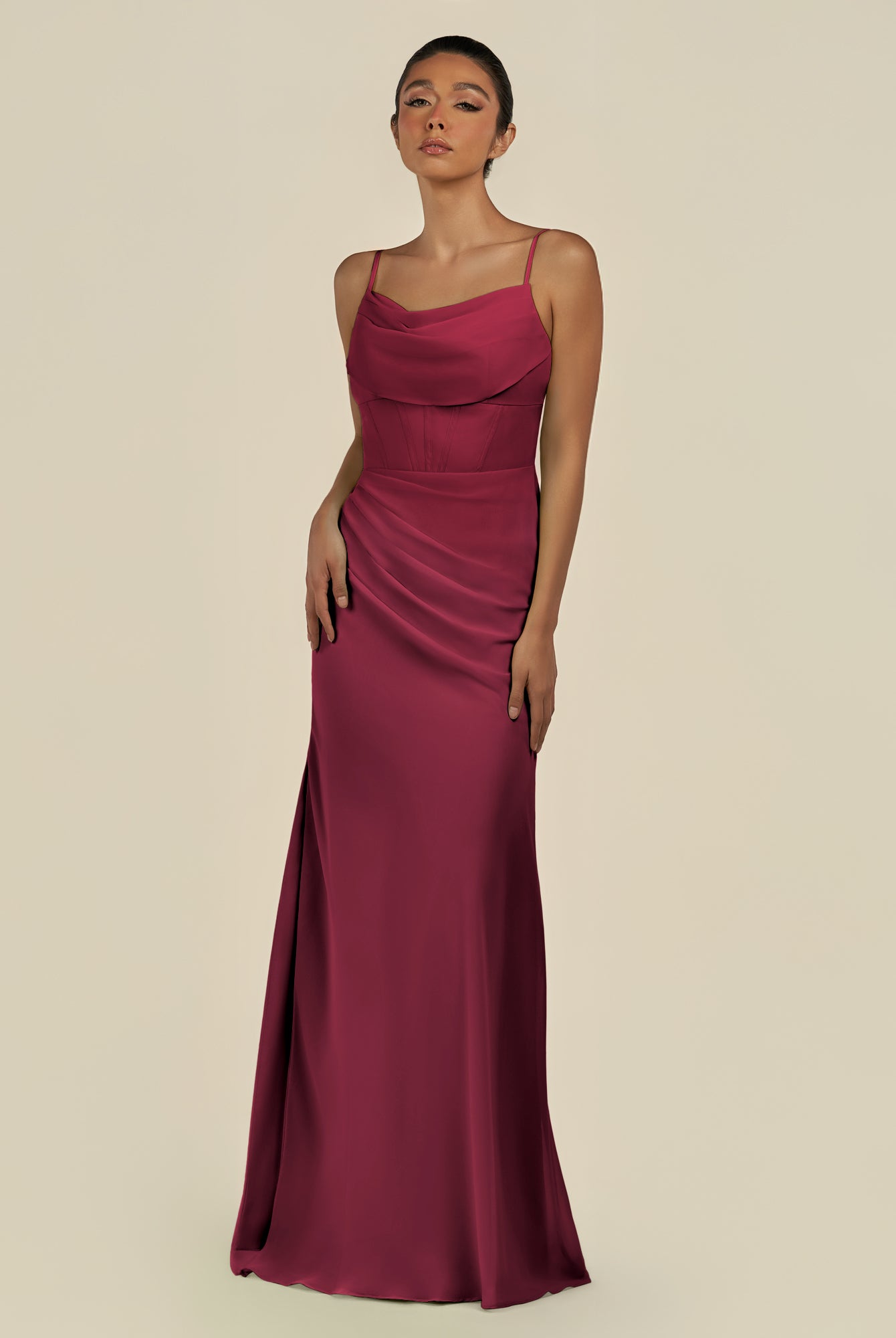 KissDress-Lumira Berry Sheath Spaghetti Straps Chiffon Ruched Long Bridesmaid Dress