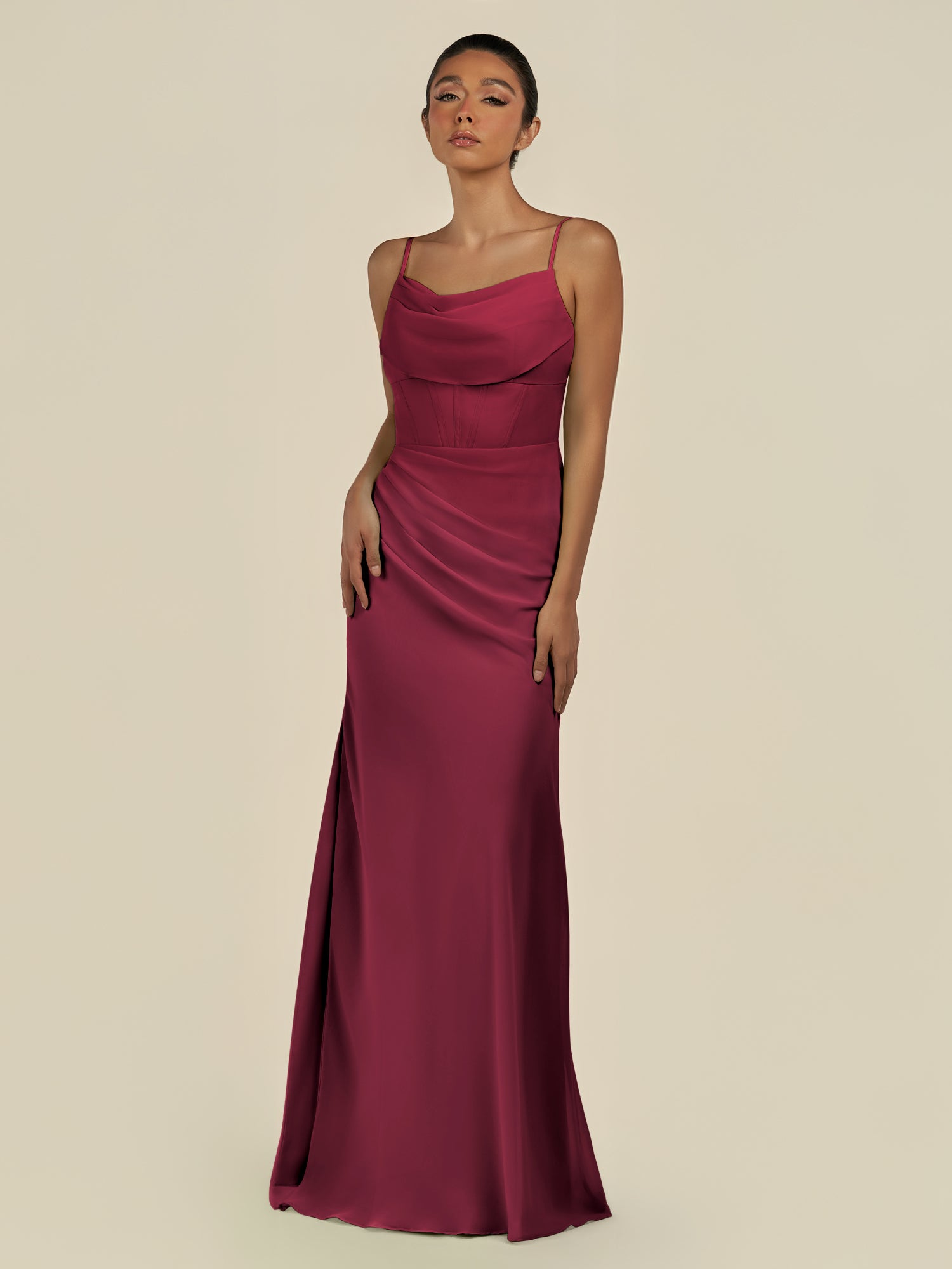 KissDress-Lumira Berry Sheath Spaghetti Straps Chiffon Ruched Long Bridesmaid Dress