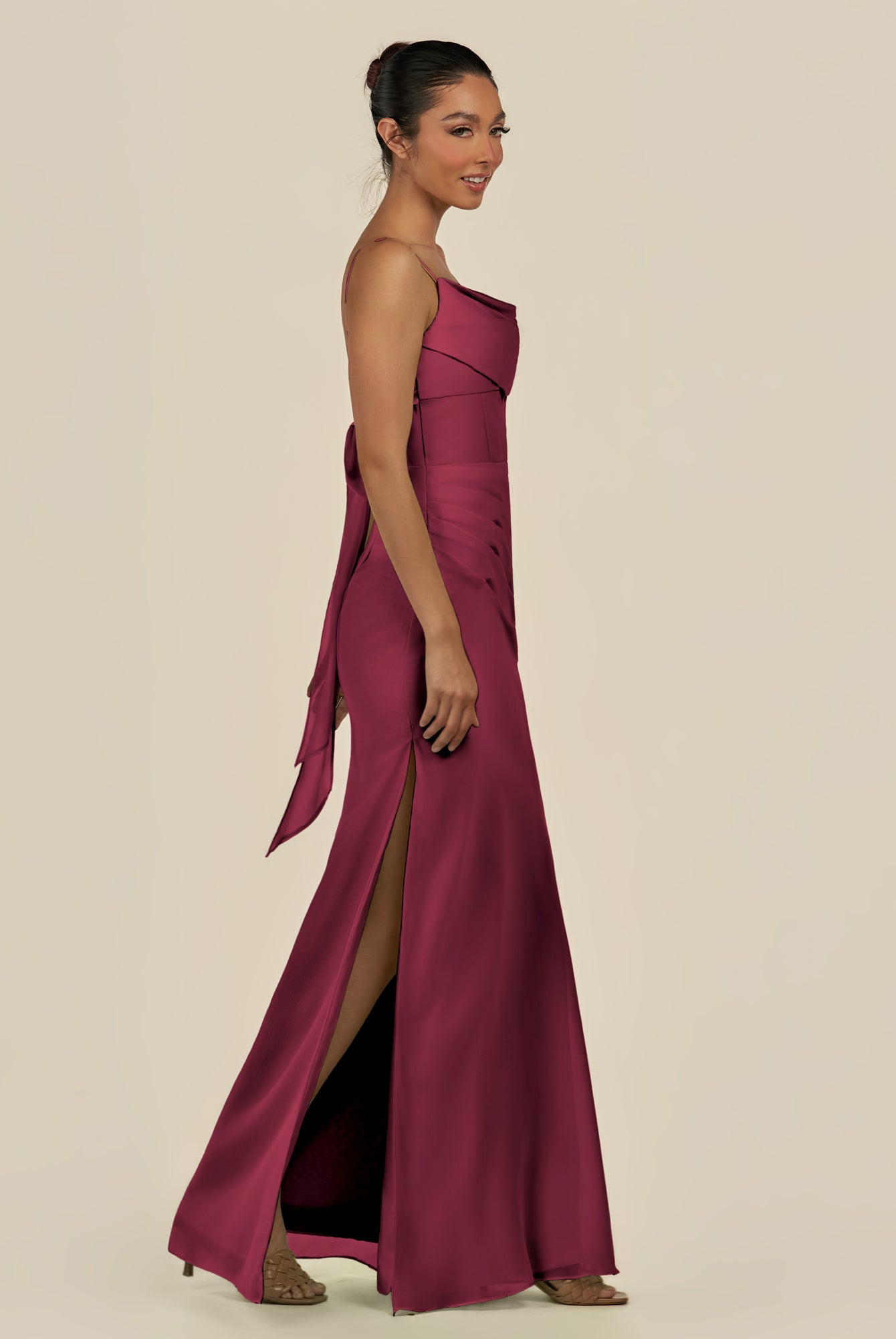 KissDress-Lumira Berry Sheath Spaghetti Straps Chiffon Ruched Long Bridesmaid Dress