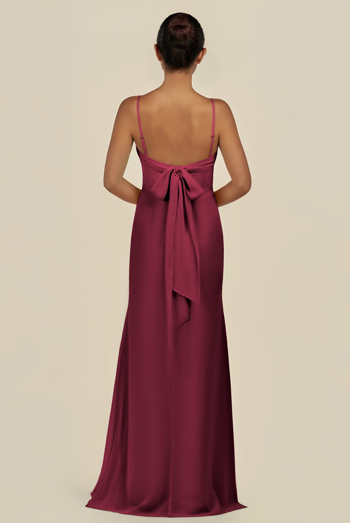 KissDress-Lumira Berry Sheath Spaghetti Straps Chiffon Ruched Long Bridesmaid Dress