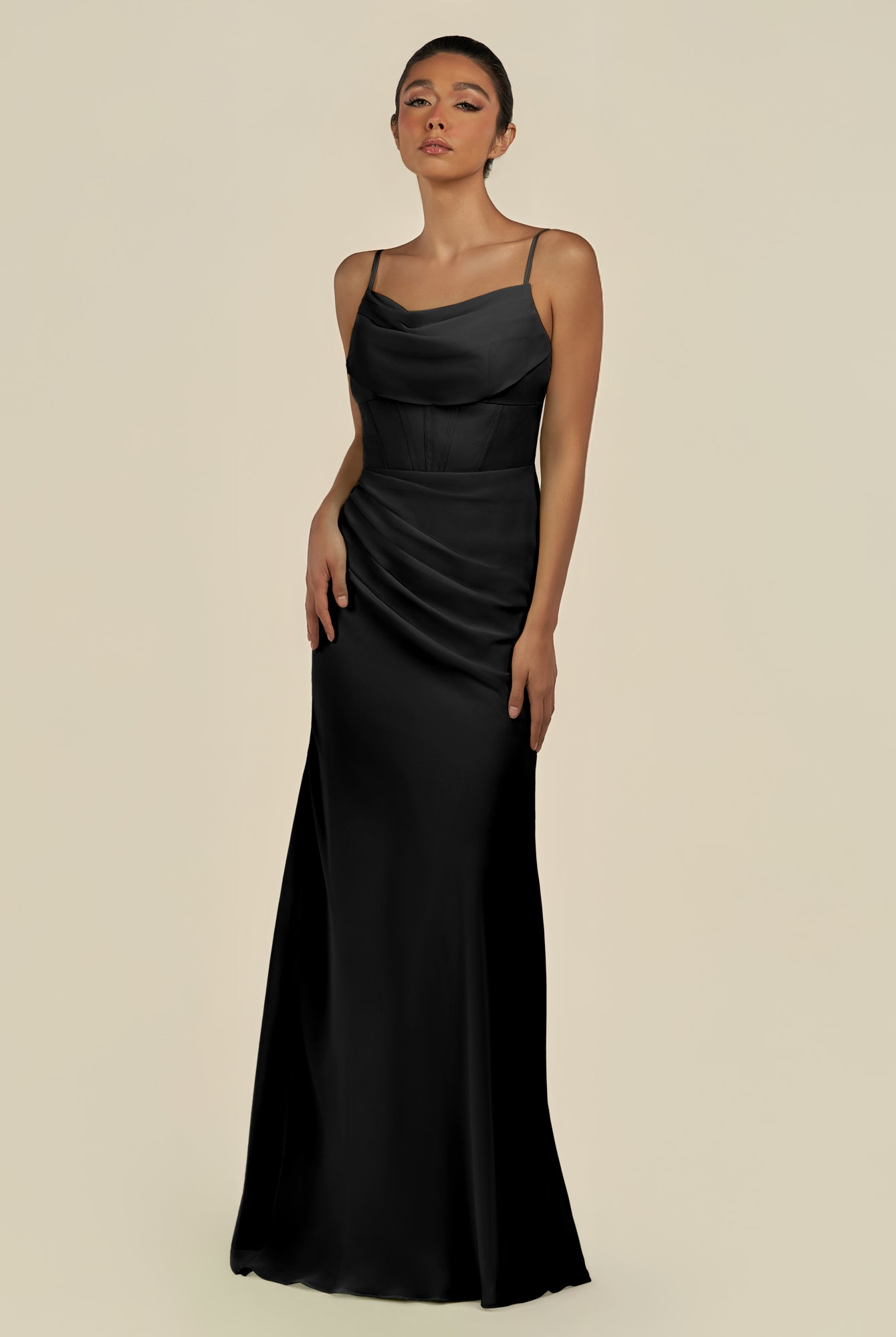 KissDress-Lumira Black Sheath Spaghetti Straps Chiffon Ruched Long Bridesmaid Dress