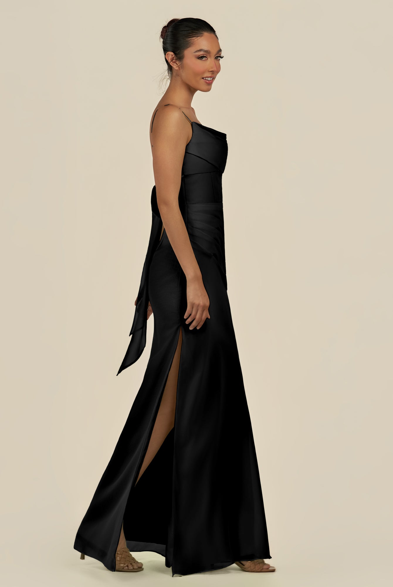 KissDress-Lumira Black Sheath Spaghetti Straps Chiffon Ruched Long Bridesmaid Dress
