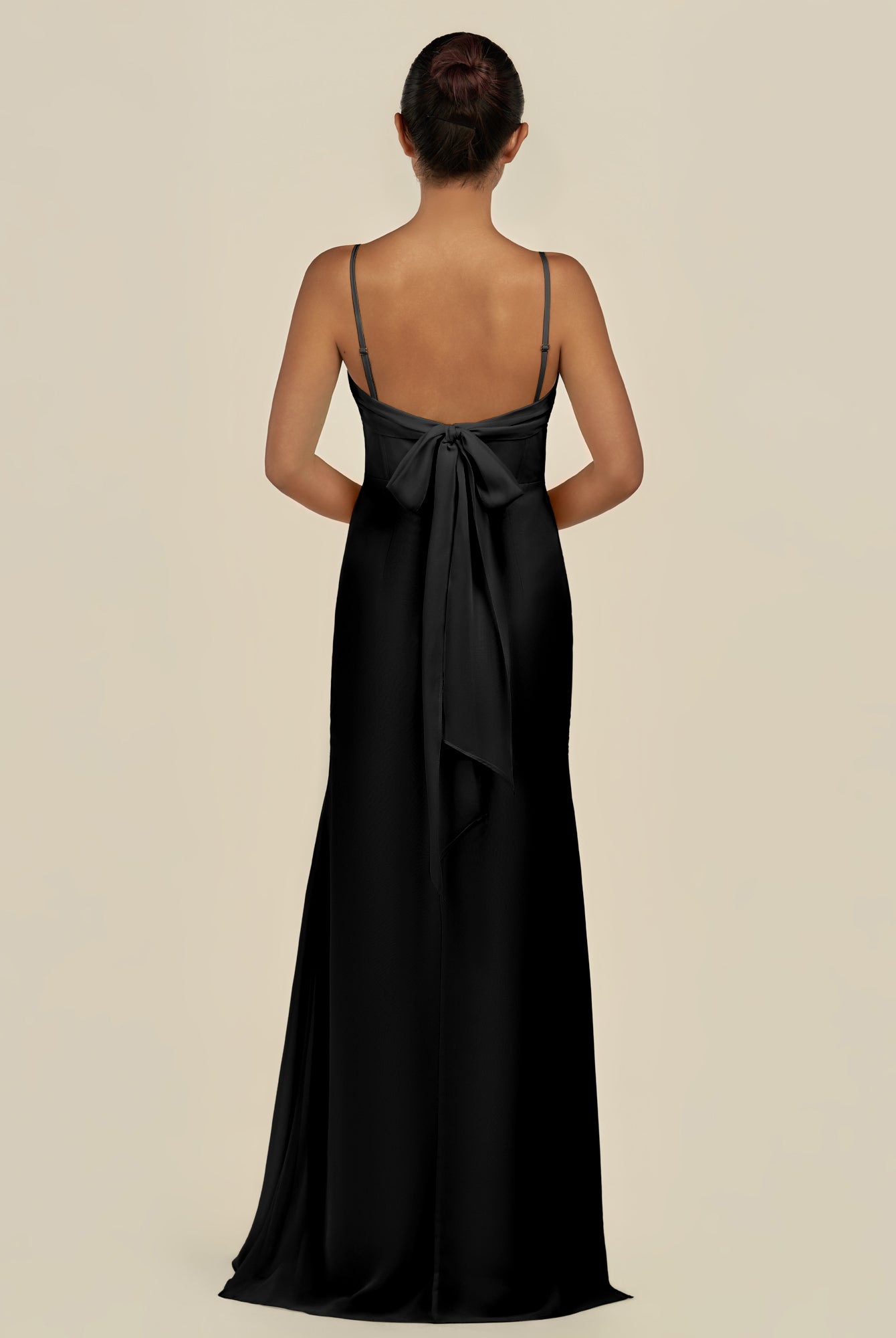 KissDress-Lumira Black Sheath Spaghetti Straps Chiffon Ruched Long Bridesmaid Dress