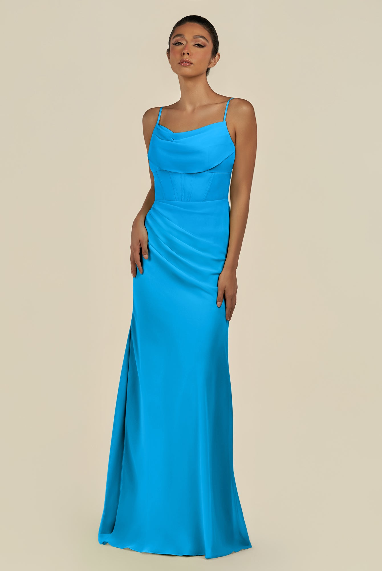 KissDress-Lumira Blue Jay Sheath Spaghetti Straps Chiffon Ruched Long Bridesmaid Dress