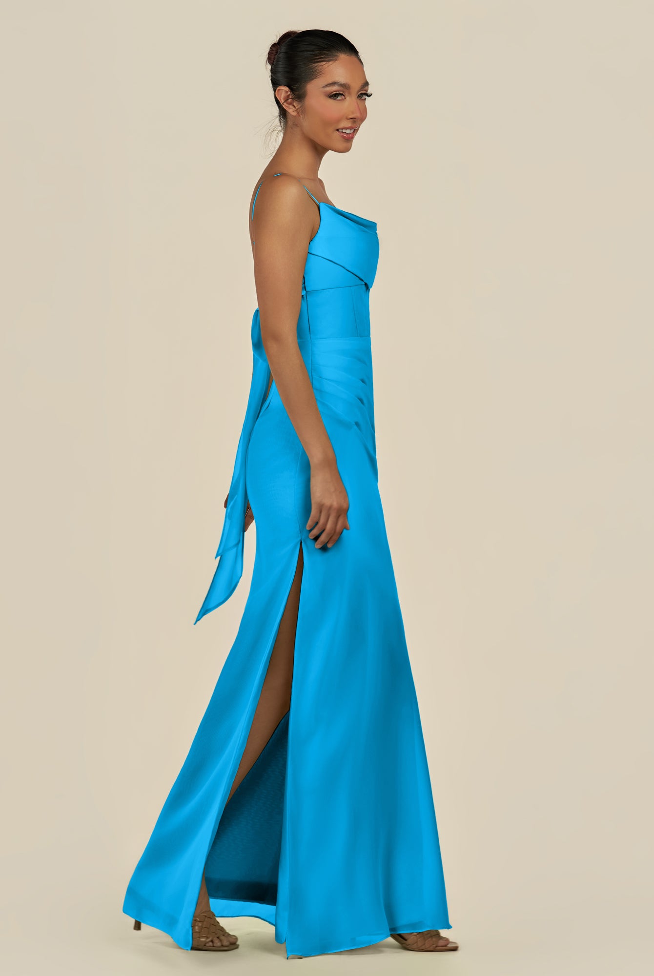 KissDress-Lumira Blue Jay Sheath Spaghetti Straps Chiffon Ruched Long Bridesmaid Dress