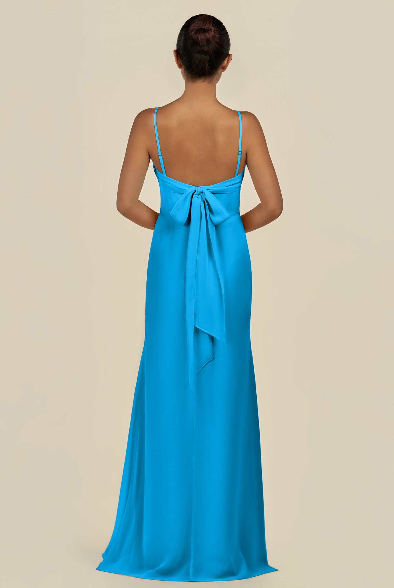 KissDress-Lumira Blue Jay Sheath Spaghetti Straps Chiffon Ruched Long Bridesmaid Dress