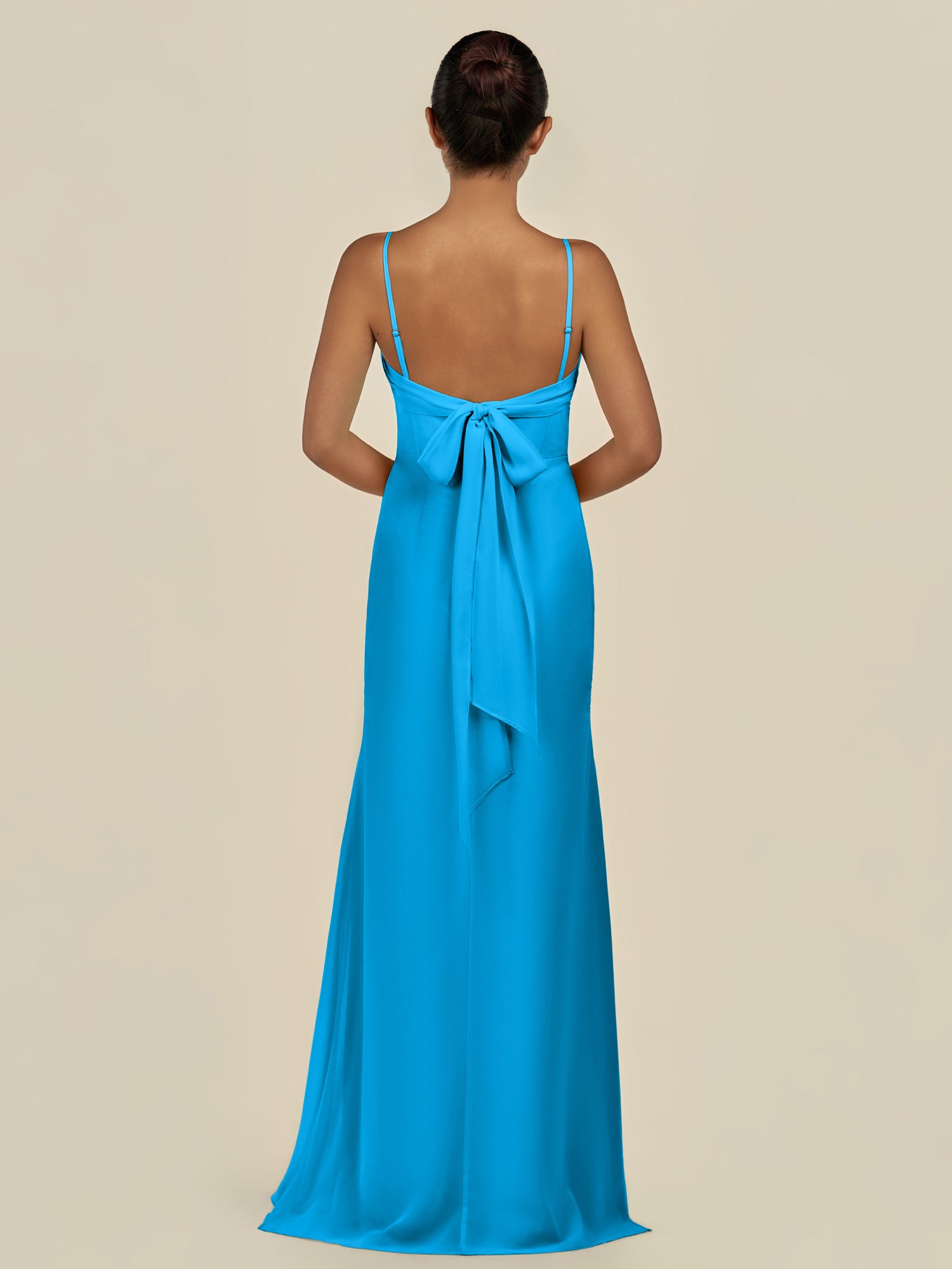 KissDress-Lumira Blue Jay Sheath Spaghetti Straps Chiffon Ruched Long Bridesmaid Dress