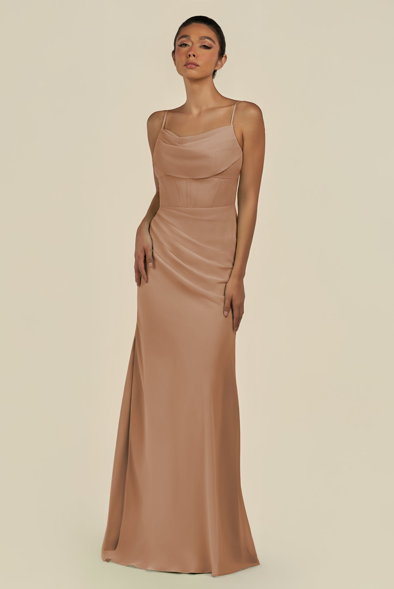 KissDress-Lumira Bronzer Sheath Spaghetti Straps Chiffon Ruched Long Bridesmaid Dress