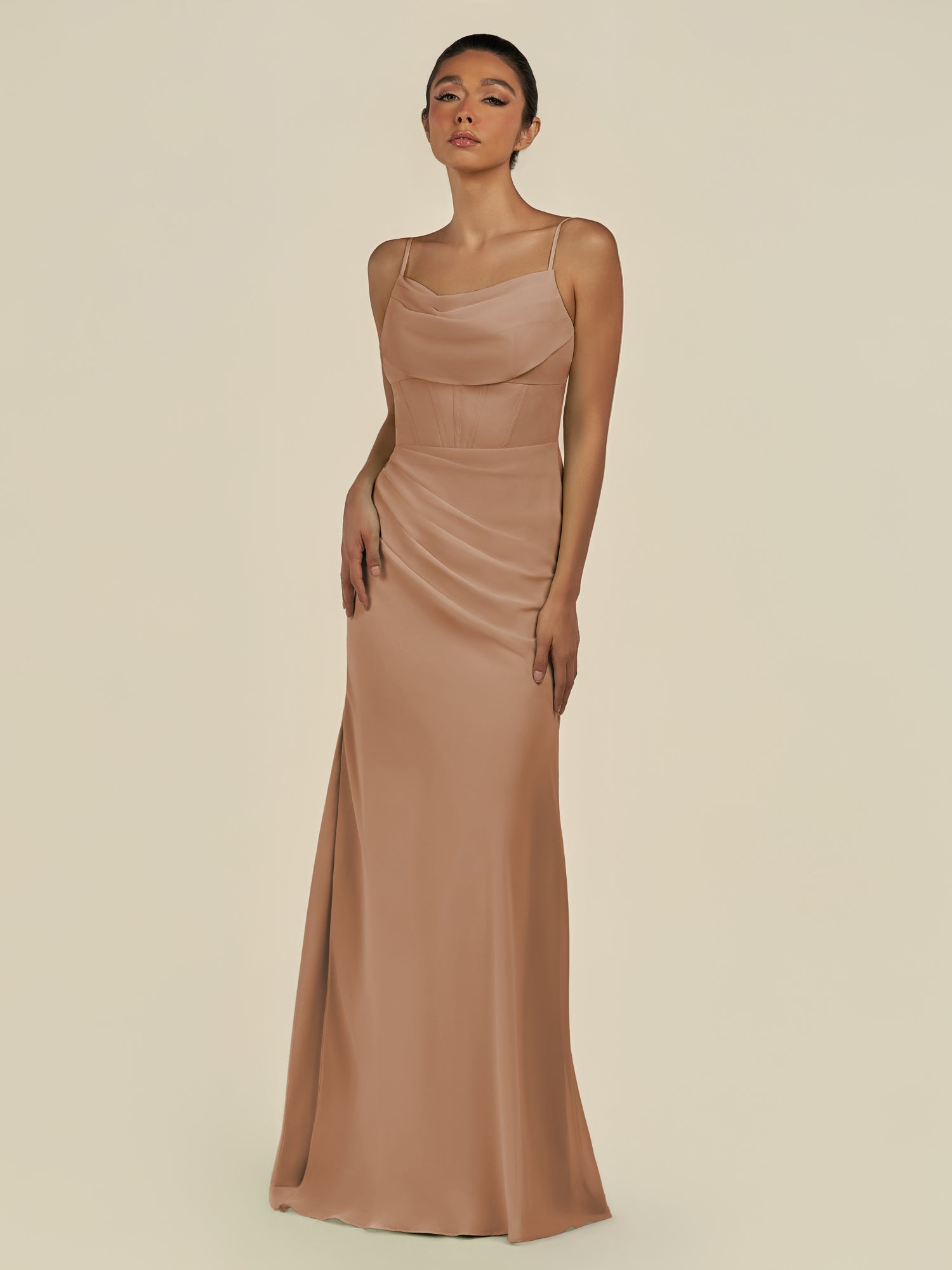 KissDress-Lumira Bronzer Sheath Spaghetti Straps Chiffon Ruched Long Bridesmaid Dress