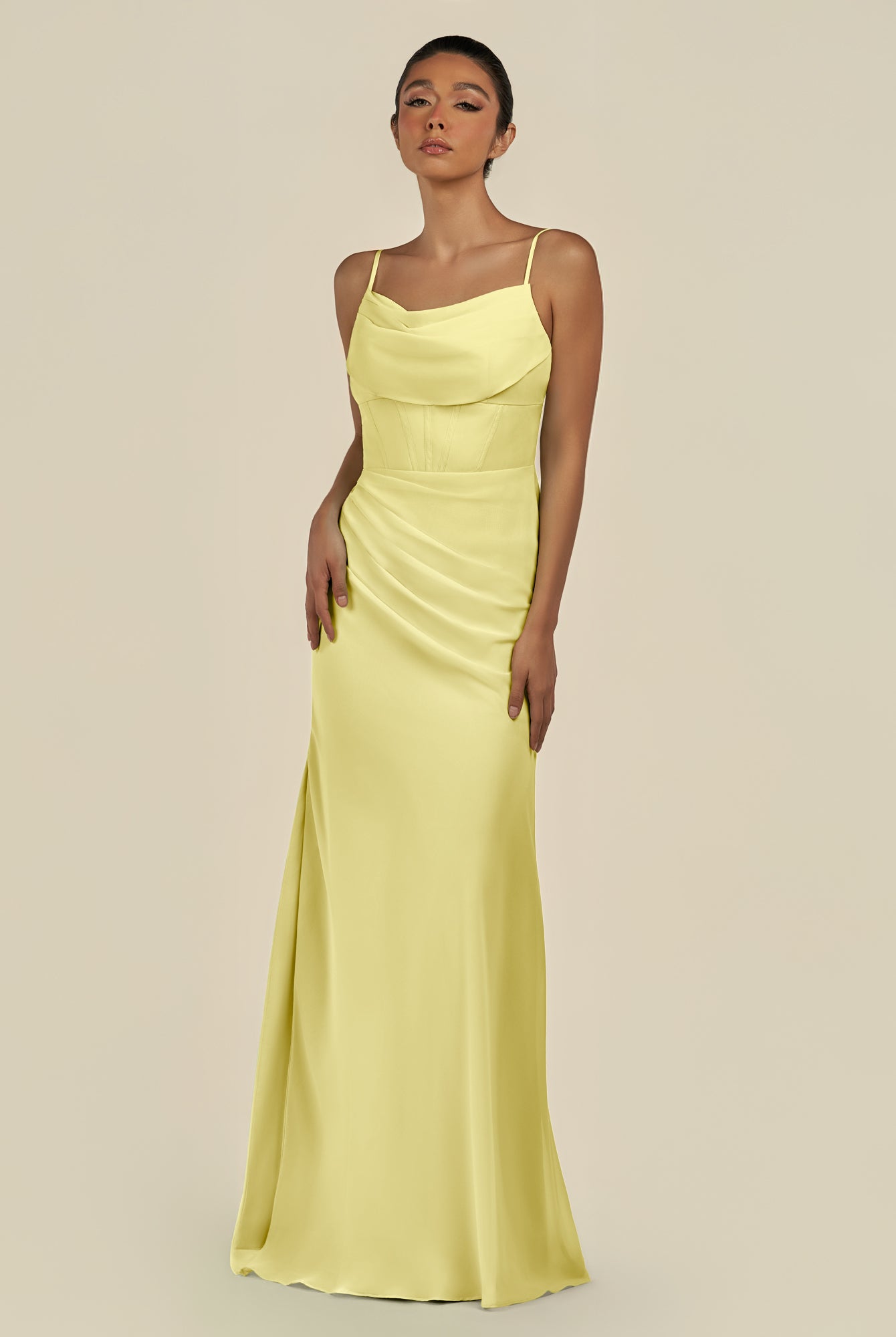 KissDress-Lumira Buttercup Sheath Spaghetti Straps Chiffon Ruched Long Bridesmaid Dress