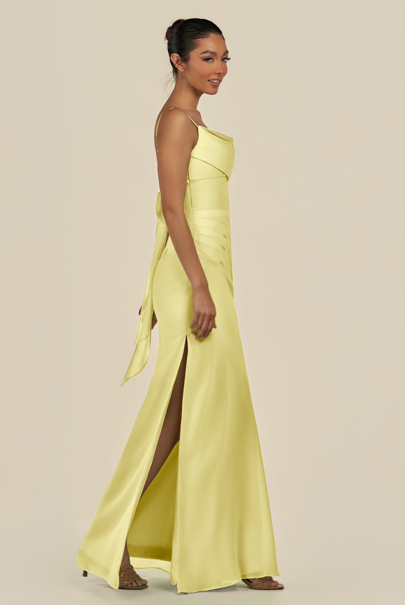 KissDress-Lumira Buttercup Sheath Spaghetti Straps Chiffon Ruched Long Bridesmaid Dress