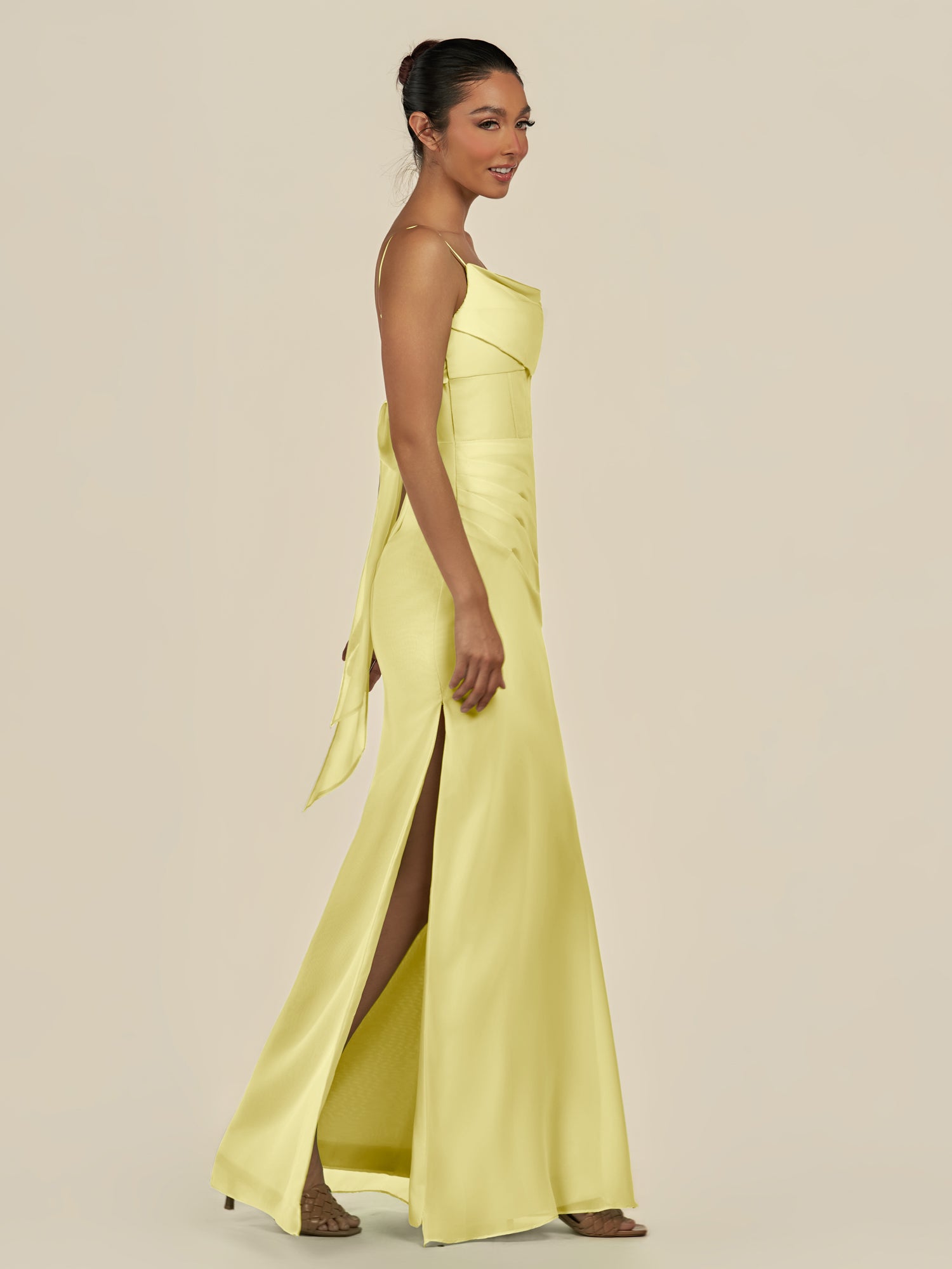 KissDress-Lumira Buttercup Sheath Spaghetti Straps Chiffon Ruched Long Bridesmaid Dress