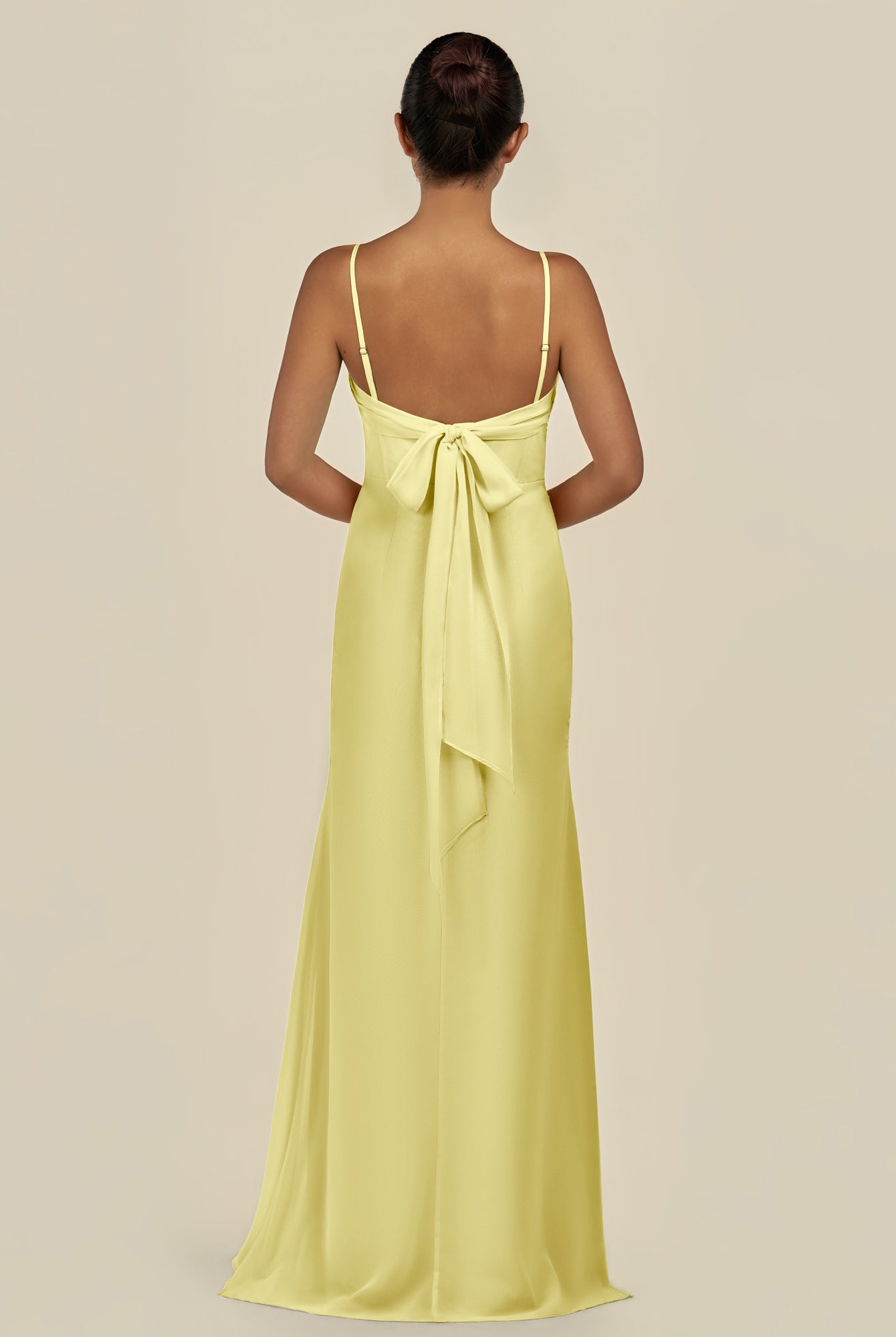 KissDress-Lumira Buttercup Sheath Spaghetti Straps Chiffon Ruched Long Bridesmaid Dress