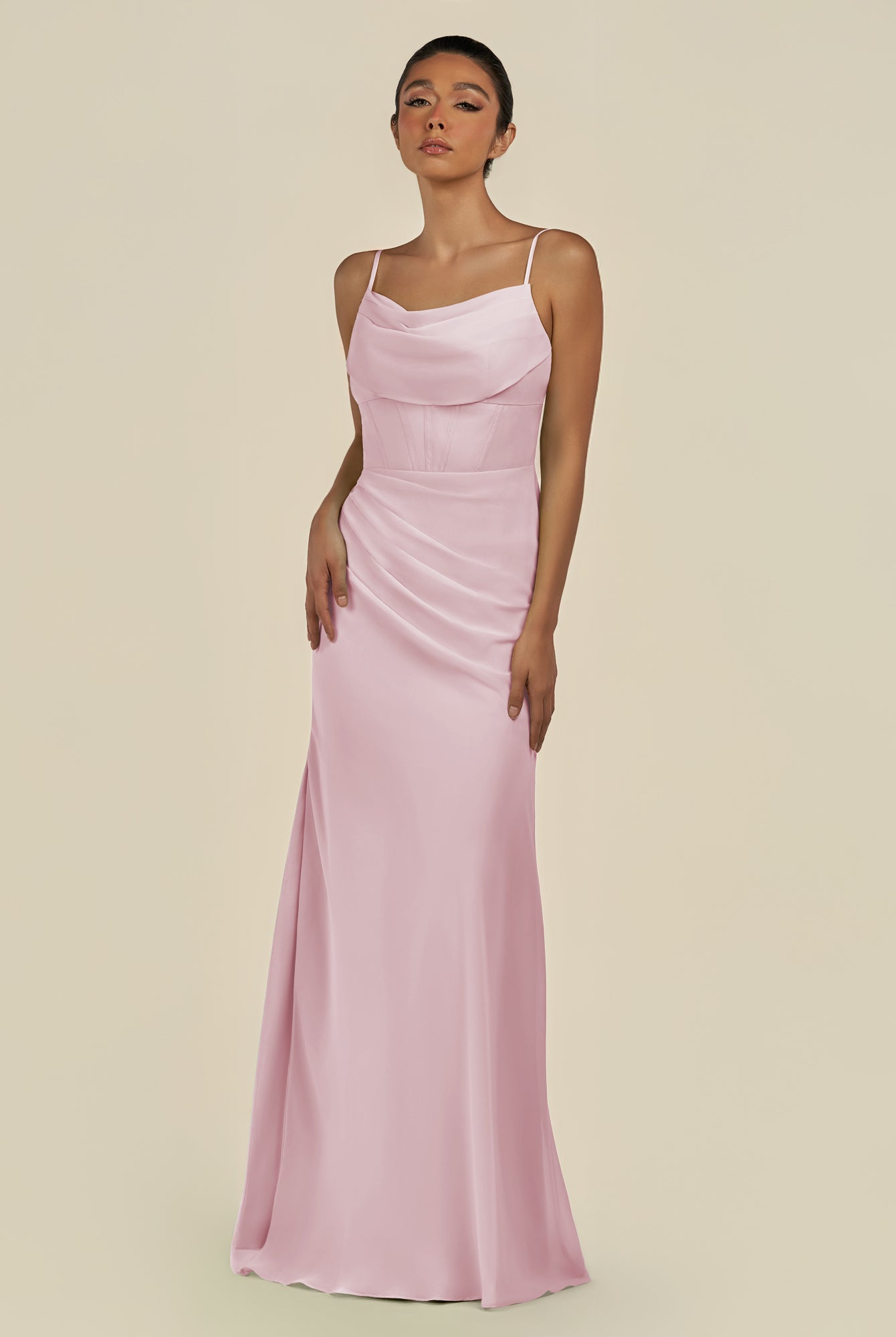 KissDress-Lumira Candy Pink Sheath Spaghetti Straps Chiffon Ruched Long Bridesmaid Dress