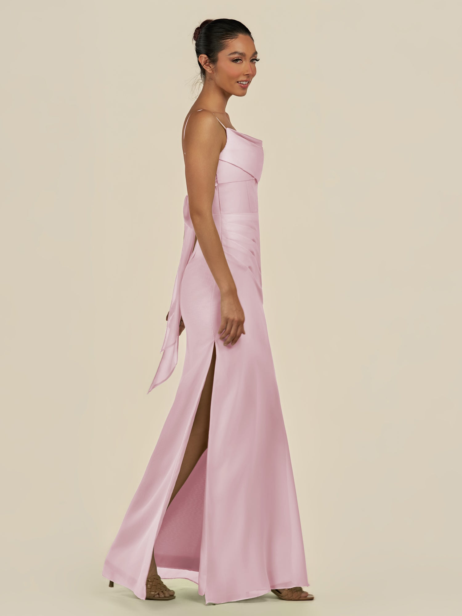 KissDress-Lumira Candy Pink Sheath Spaghetti Straps Chiffon Ruched Long Bridesmaid Dress