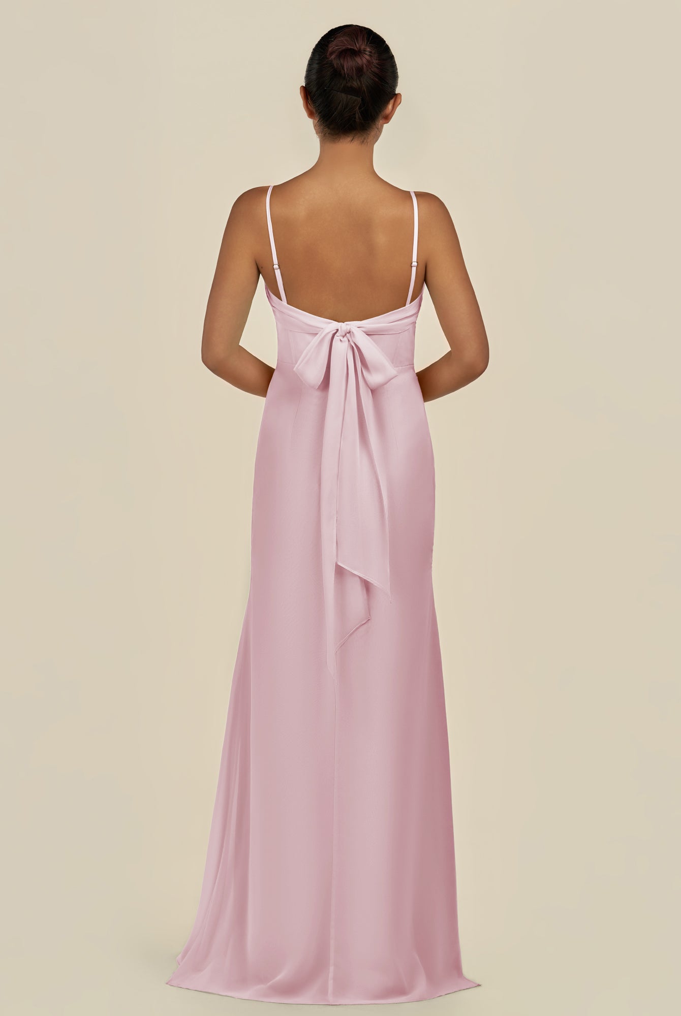 KissDress-Lumira Candy Pink Sheath Spaghetti Straps Chiffon Ruched Long Bridesmaid Dress