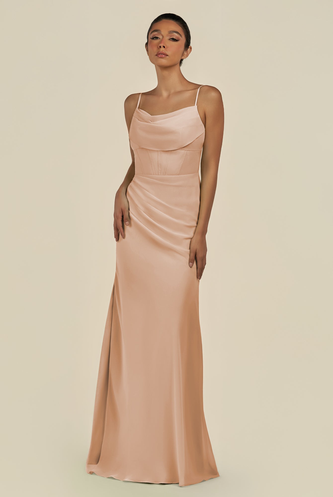 KissDress-Lumira Champagne Rose Sheath Spaghetti Straps Chiffon Ruched Long Bridesmaid Dress