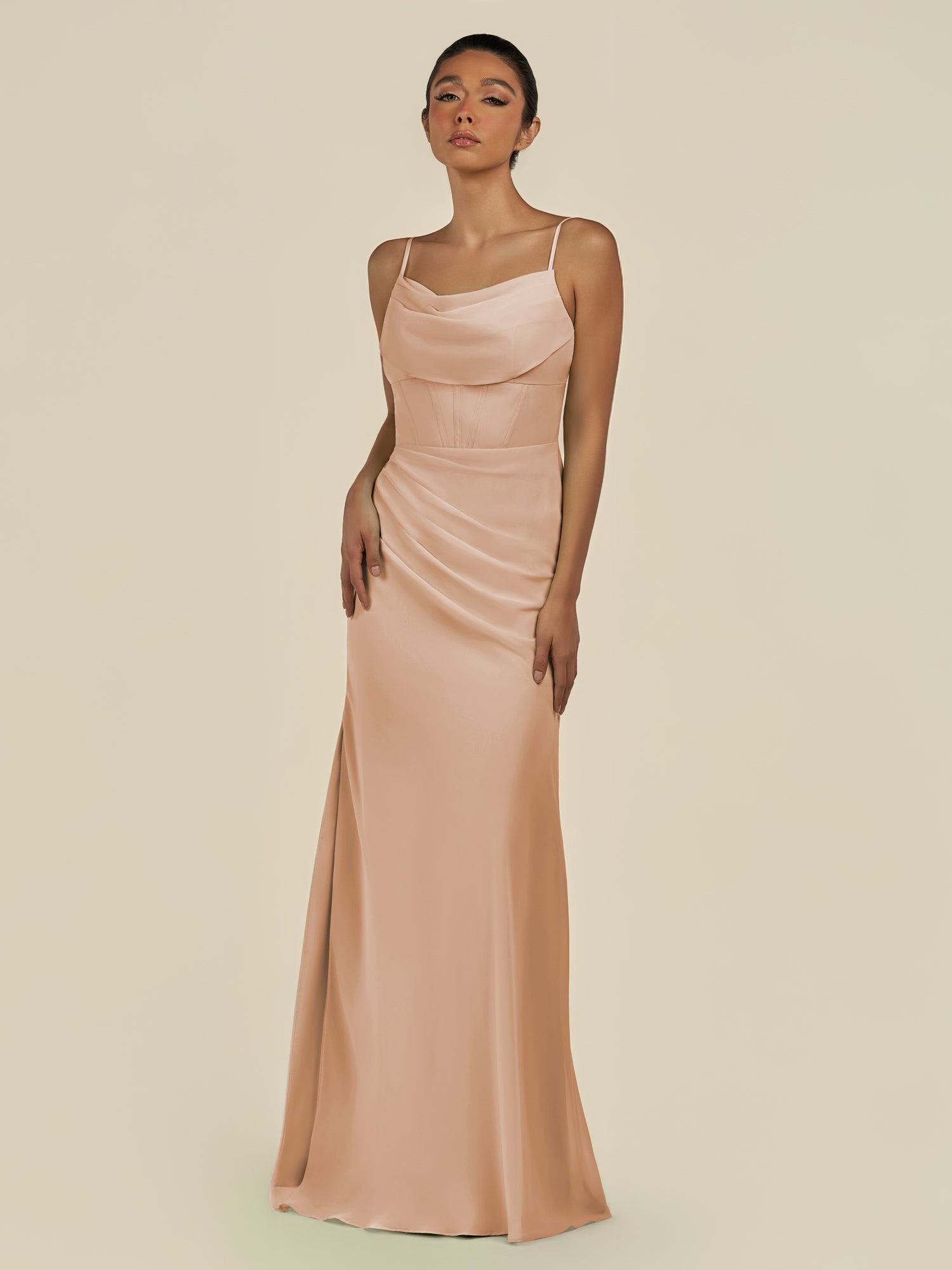 KissDress-Lumira Champagne Rose Sheath Spaghetti Straps Chiffon Ruched Long Bridesmaid Dress
