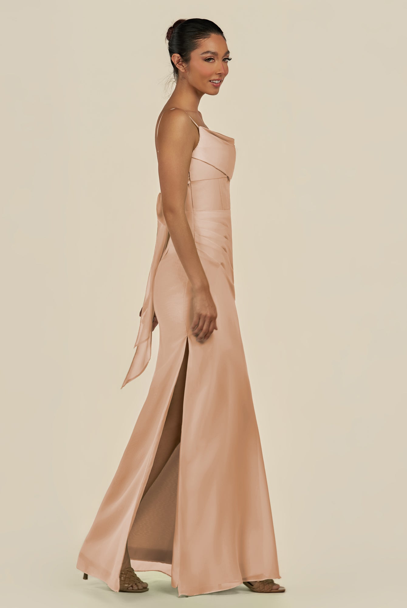 KissDress-Lumira Champagne Rose Sheath Spaghetti Straps Chiffon Ruched Long Bridesmaid Dress