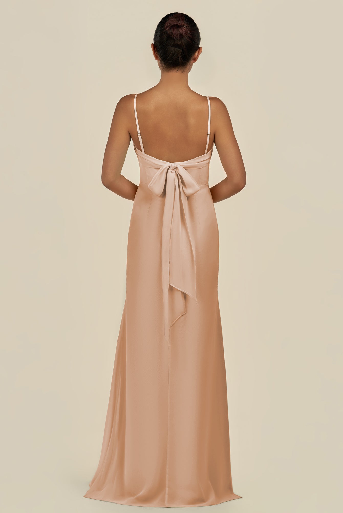 KissDress-Lumira Champagne Rose Sheath Spaghetti Straps Chiffon Ruched Long Bridesmaid Dress