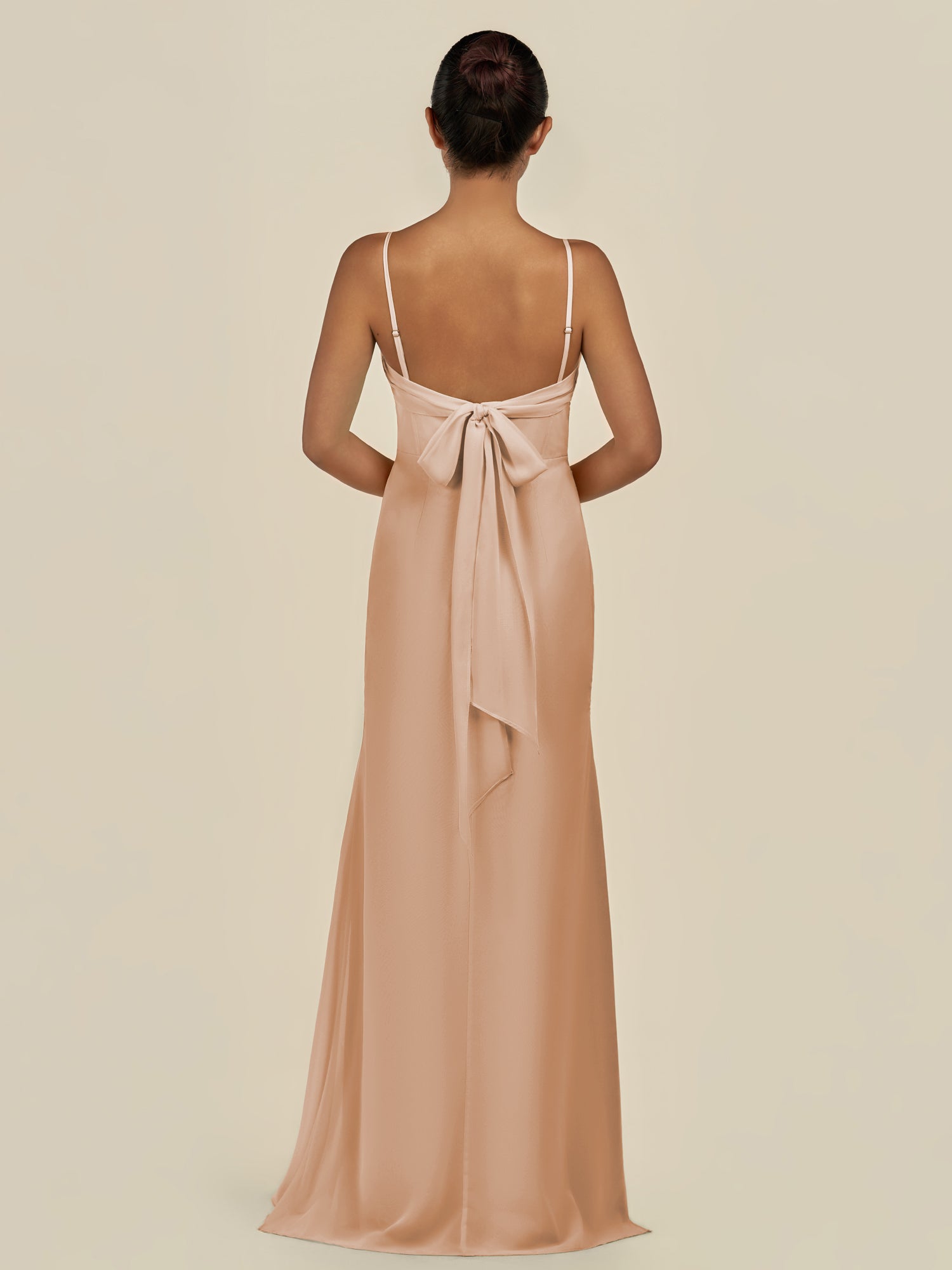 KissDress-Lumira Champagne Rose Sheath Spaghetti Straps Chiffon Ruched Long Bridesmaid Dress