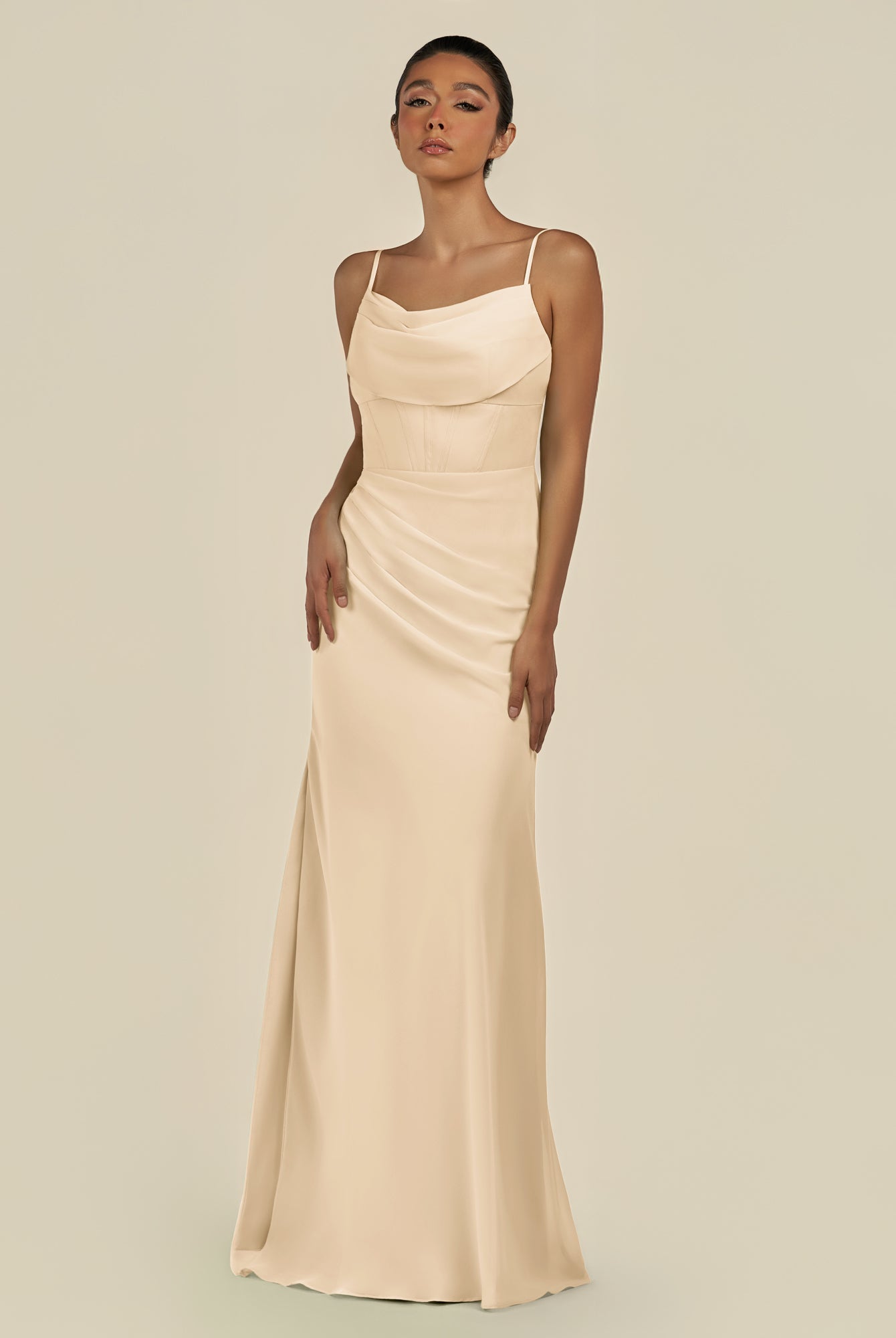 KissDress-Lumira Champagne Sheath Spaghetti Straps Chiffon Ruched Long Bridesmaid Dress