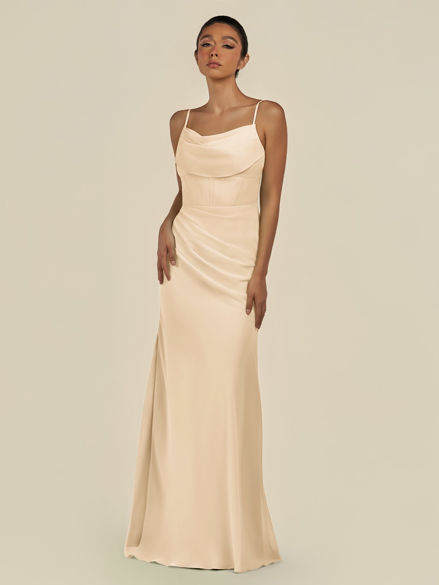 KissDress-Lumira Champagne Sheath Spaghetti Straps Chiffon Ruched Long Bridesmaid Dress