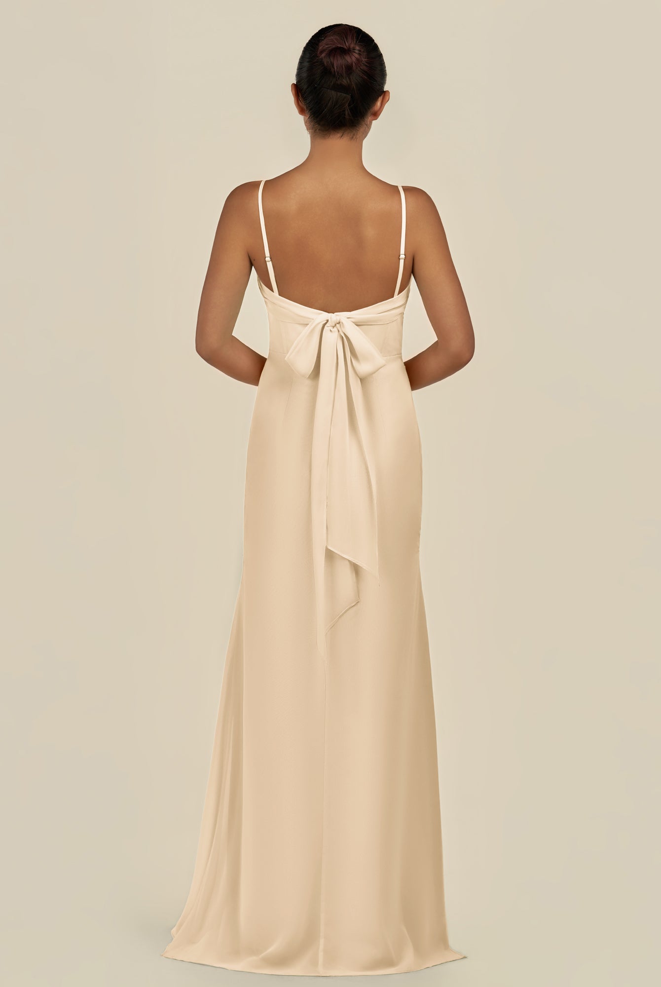 KissDress-Lumira Champagne Sheath Spaghetti Straps Chiffon Ruched Long Bridesmaid Dress