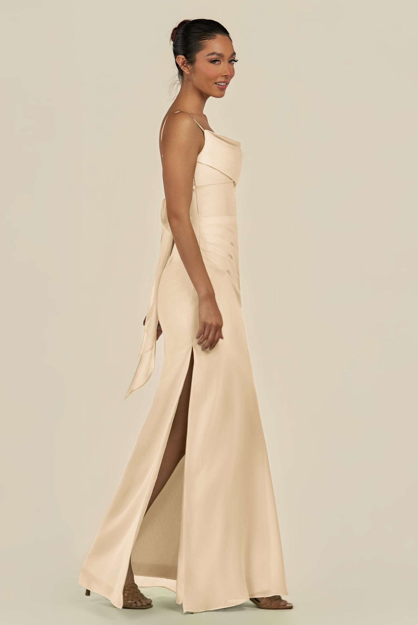 KissDress-Lumira Champagne Sheath Spaghetti Straps Chiffon Ruched Long Bridesmaid Dress