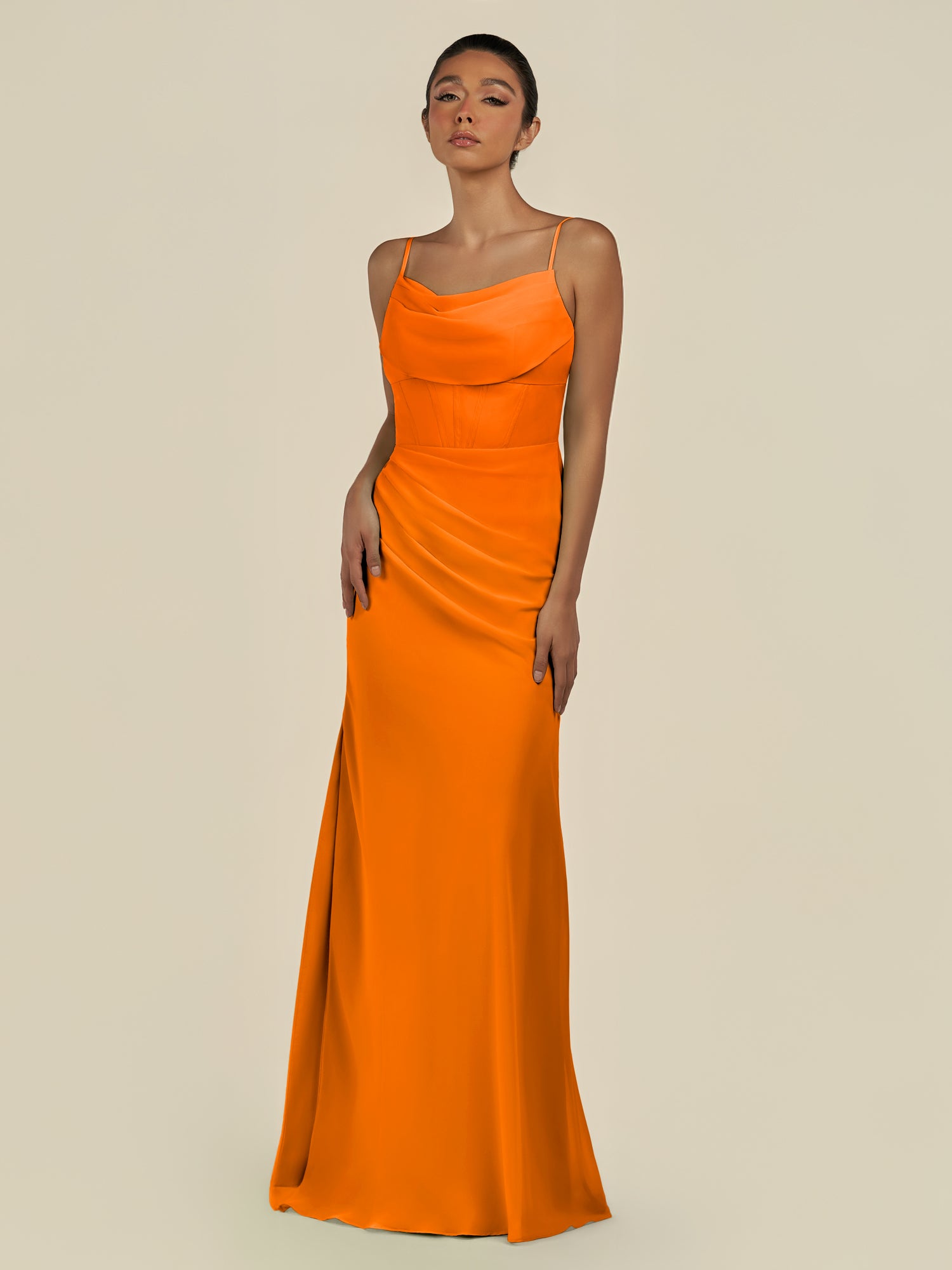 KissDress-Lumira Cinnamon Sheath Spaghetti Straps Chiffon Ruched Long Bridesmaid Dress