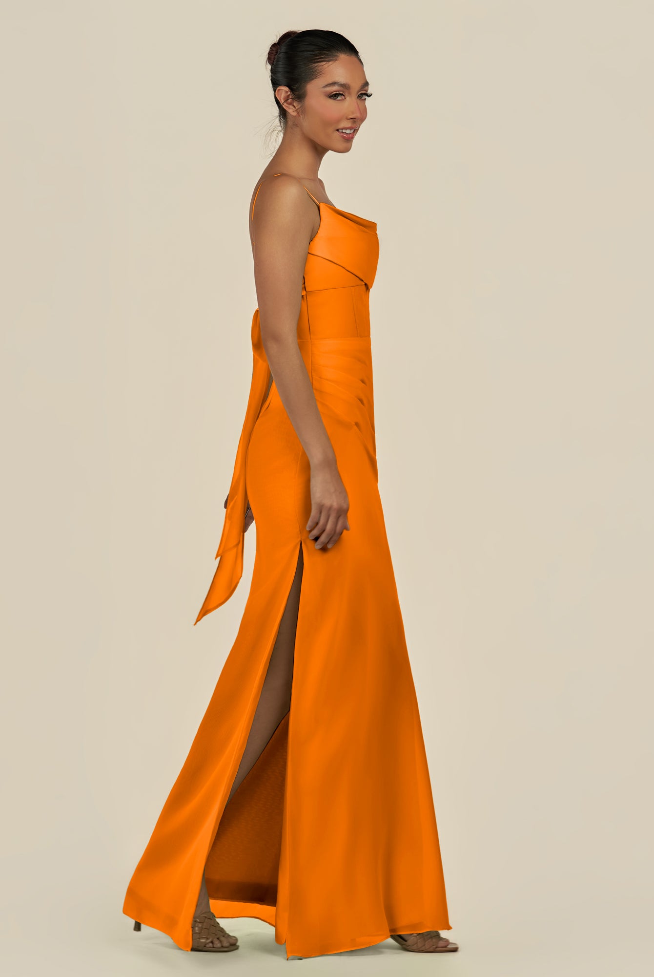 KissDress-Lumira Cinnamon Sheath Spaghetti Straps Chiffon Ruched Long Bridesmaid Dress