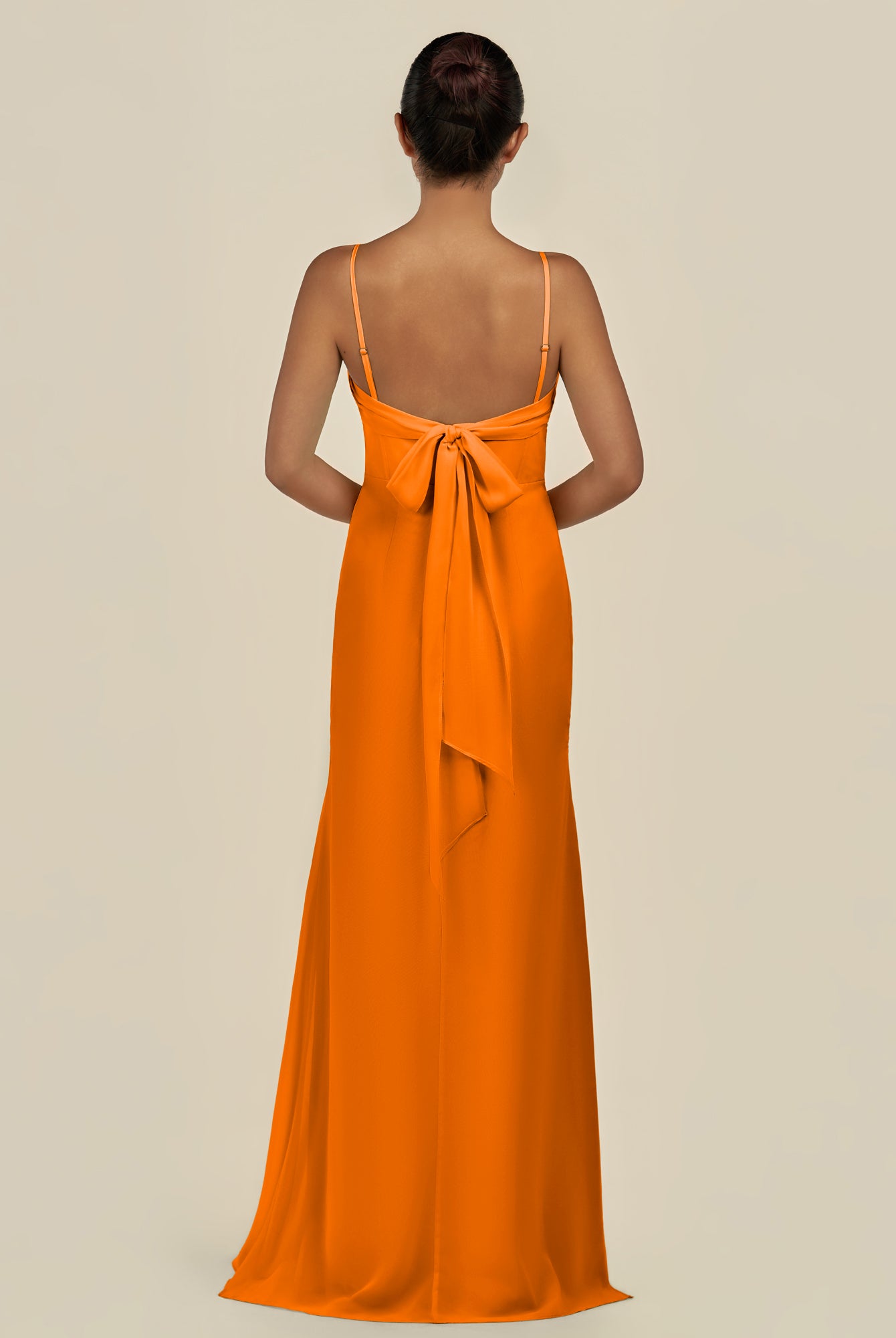 KissDress-Lumira Cinnamon Sheath Spaghetti Straps Chiffon Ruched Long Bridesmaid Dress