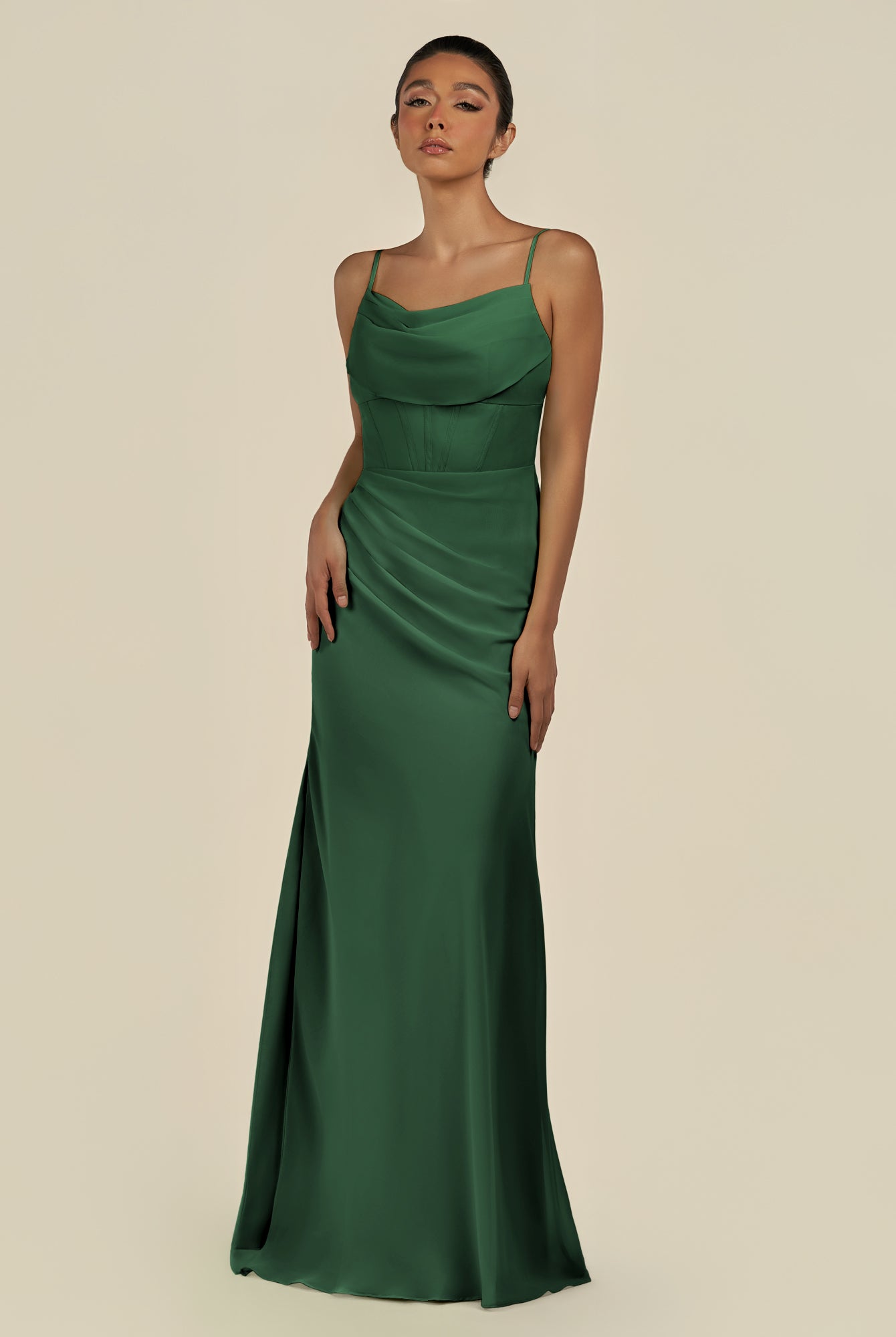 KissDress-Lumira Dark Green Sheath Spaghetti Straps Chiffon Ruched Long Bridesmaid Dress