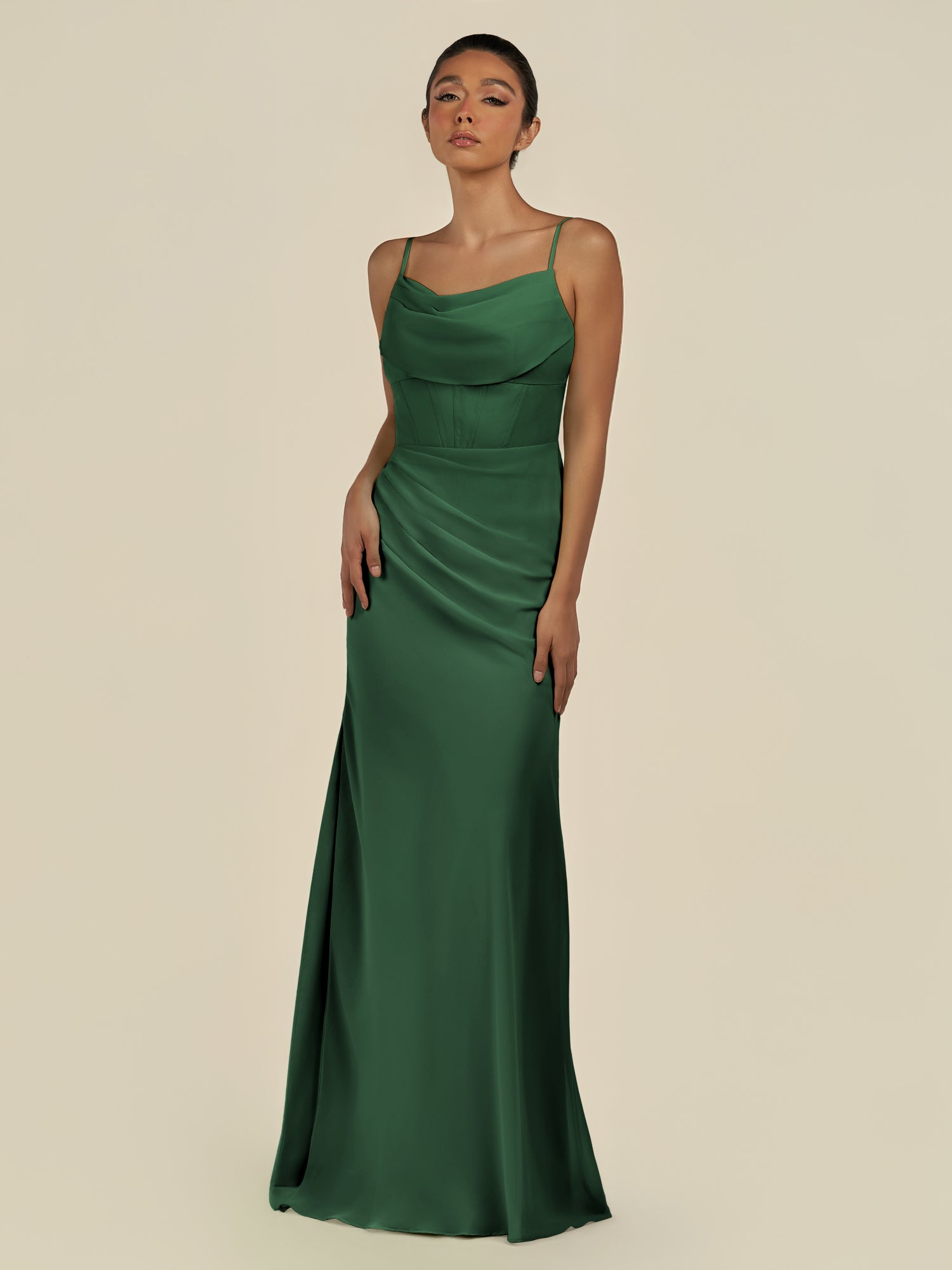 KissDress-Lumira Dark Green Sheath Spaghetti Straps Chiffon Ruched Long Bridesmaid Dress