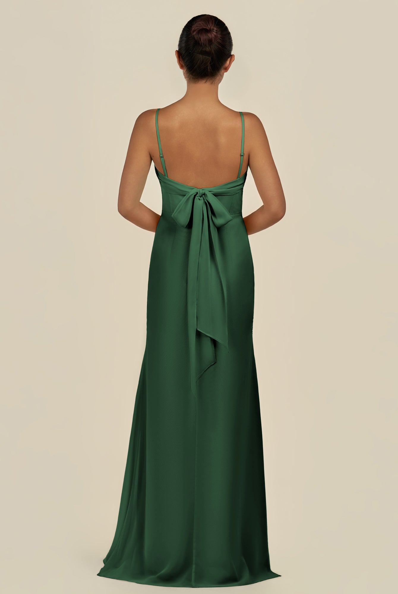 KissDress-Lumira Dark Green Sheath Spaghetti Straps Chiffon Ruched Long Bridesmaid Dress