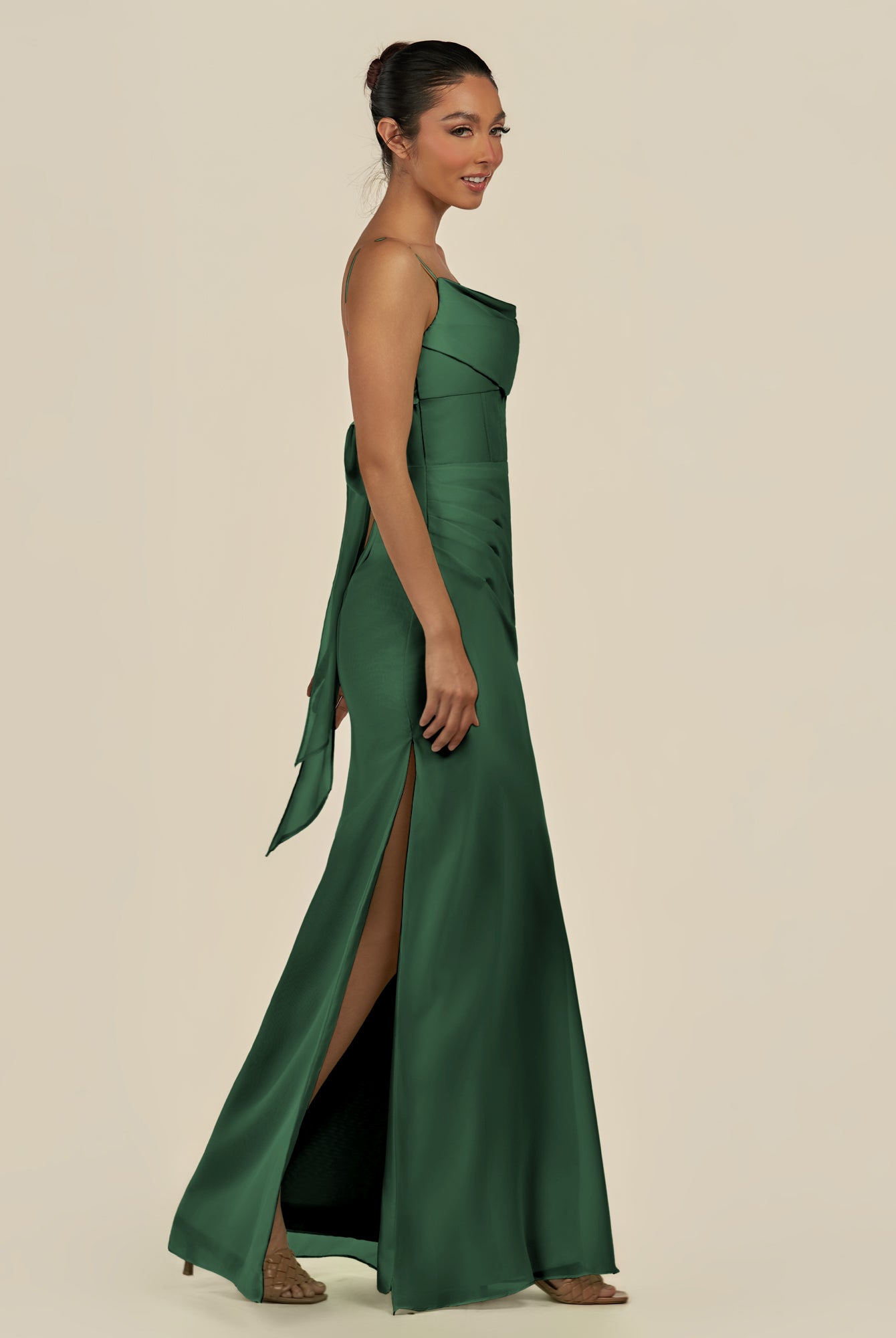 KissDress-Lumira Dark Green Sheath Spaghetti Straps Chiffon Ruched Long Bridesmaid Dress