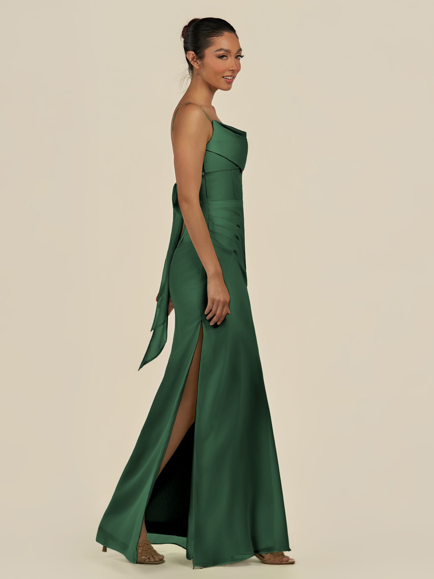 KissDress-Lumira Dark Green Sheath Spaghetti Straps Chiffon Ruched Long Bridesmaid Dress