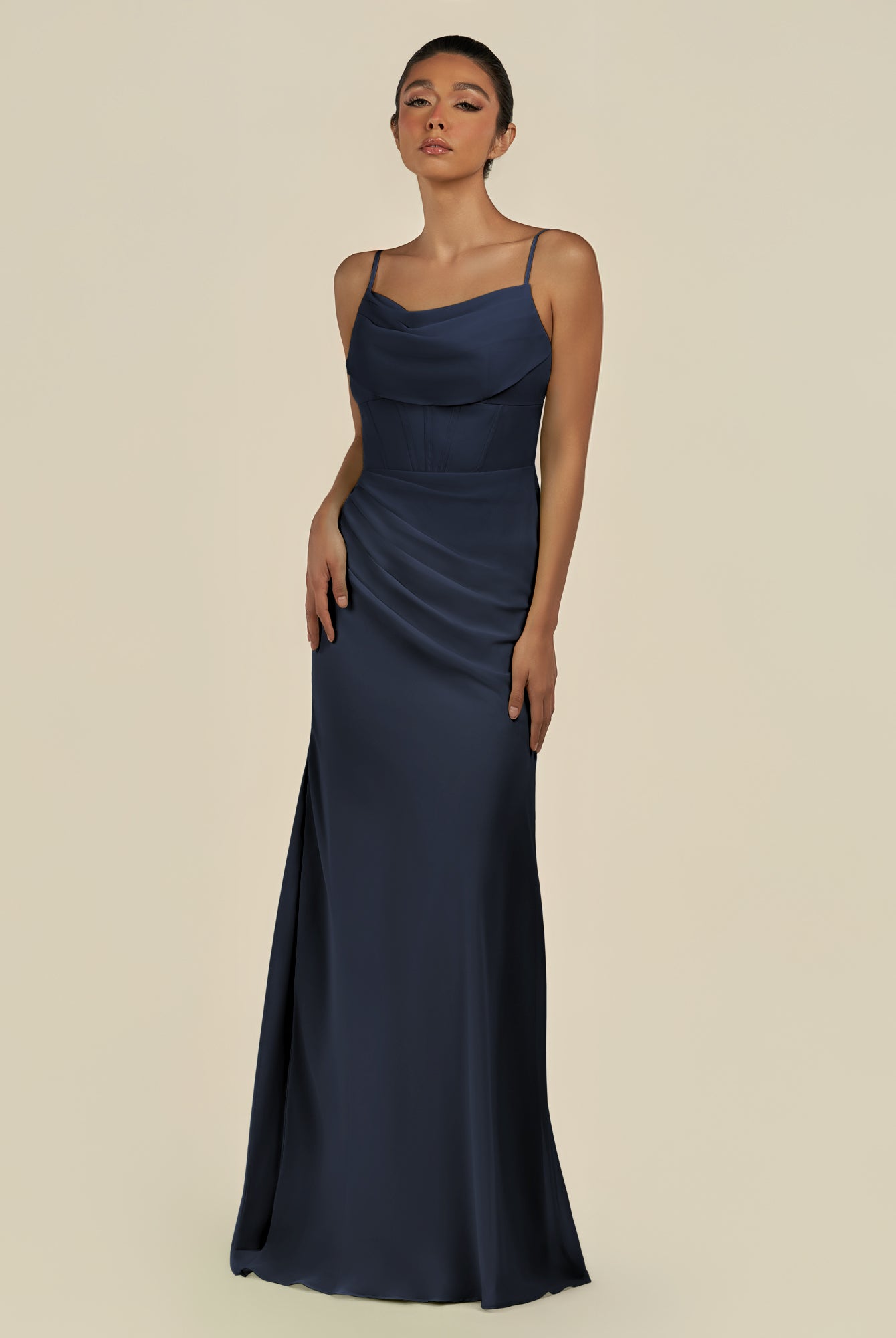 KissDress-Lumira Dark Navy Sheath Spaghetti Straps Chiffon Ruched Long Bridesmaid Dress