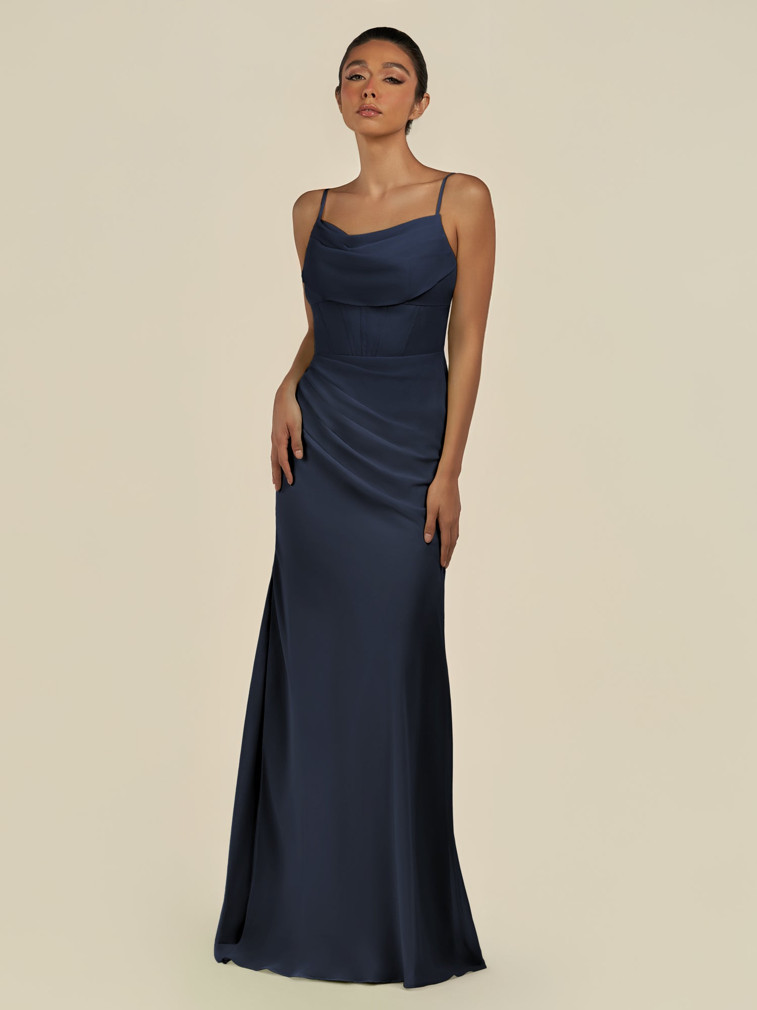 KissDress-Lumira Dark Navy Sheath Spaghetti Straps Chiffon Ruched Long Bridesmaid Dress