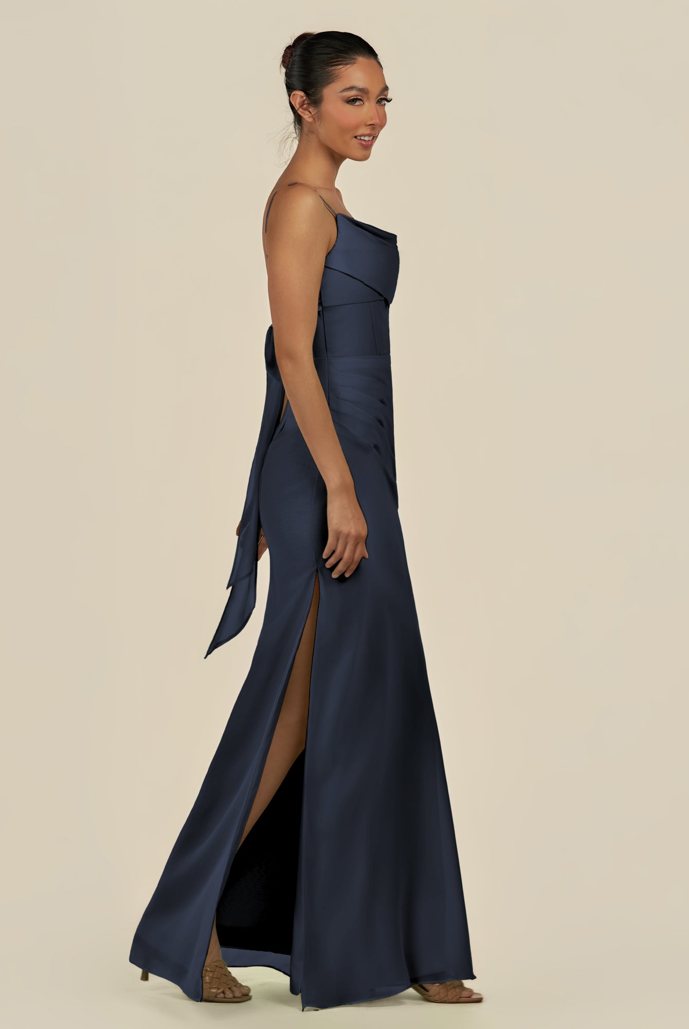 KissDress-Lumira Dark Navy Sheath Spaghetti Straps Chiffon Ruched Long Bridesmaid Dress